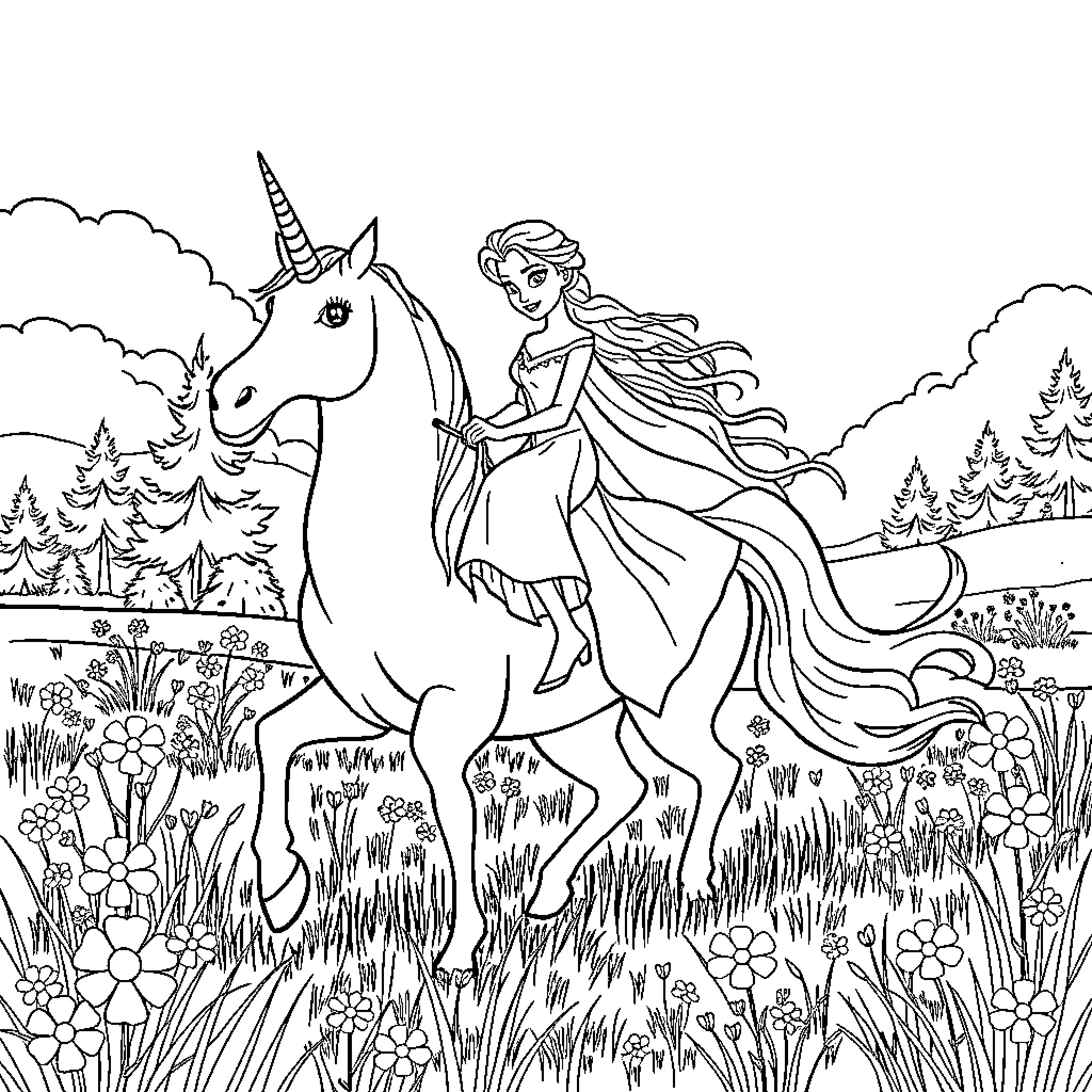 Elsa riding a unicorn through a magical meadow Coloring Page (free black-and-white line drawing printable PDF for all, from beginners to advanced learners, including children, teens, adults, and seniors)