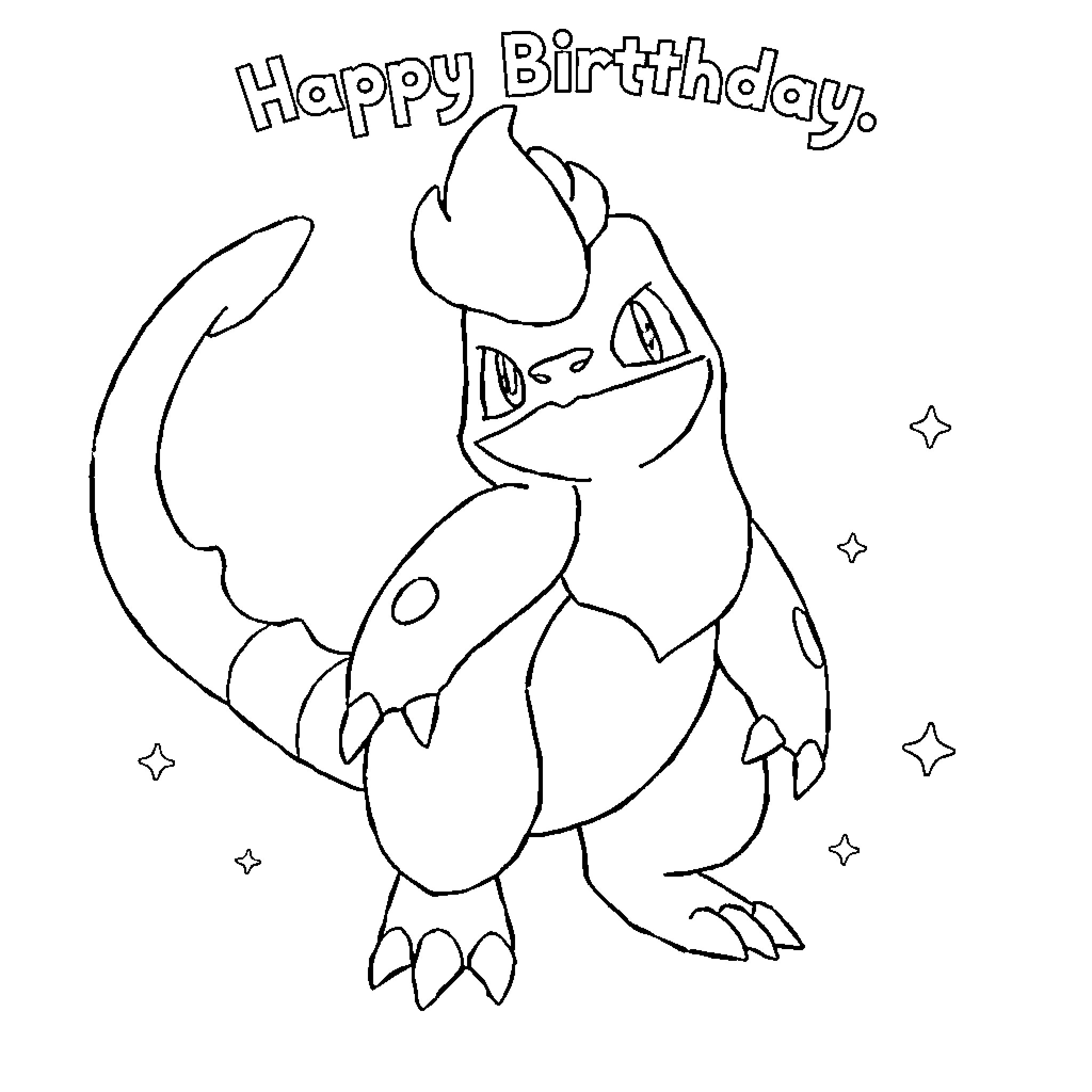 Pokémon character celebrating Happy Birthday Coloring Page (free black-and-white line drawing printable PDF for all, from beginners to advanced learners, including children, teens, adults, and seniors)