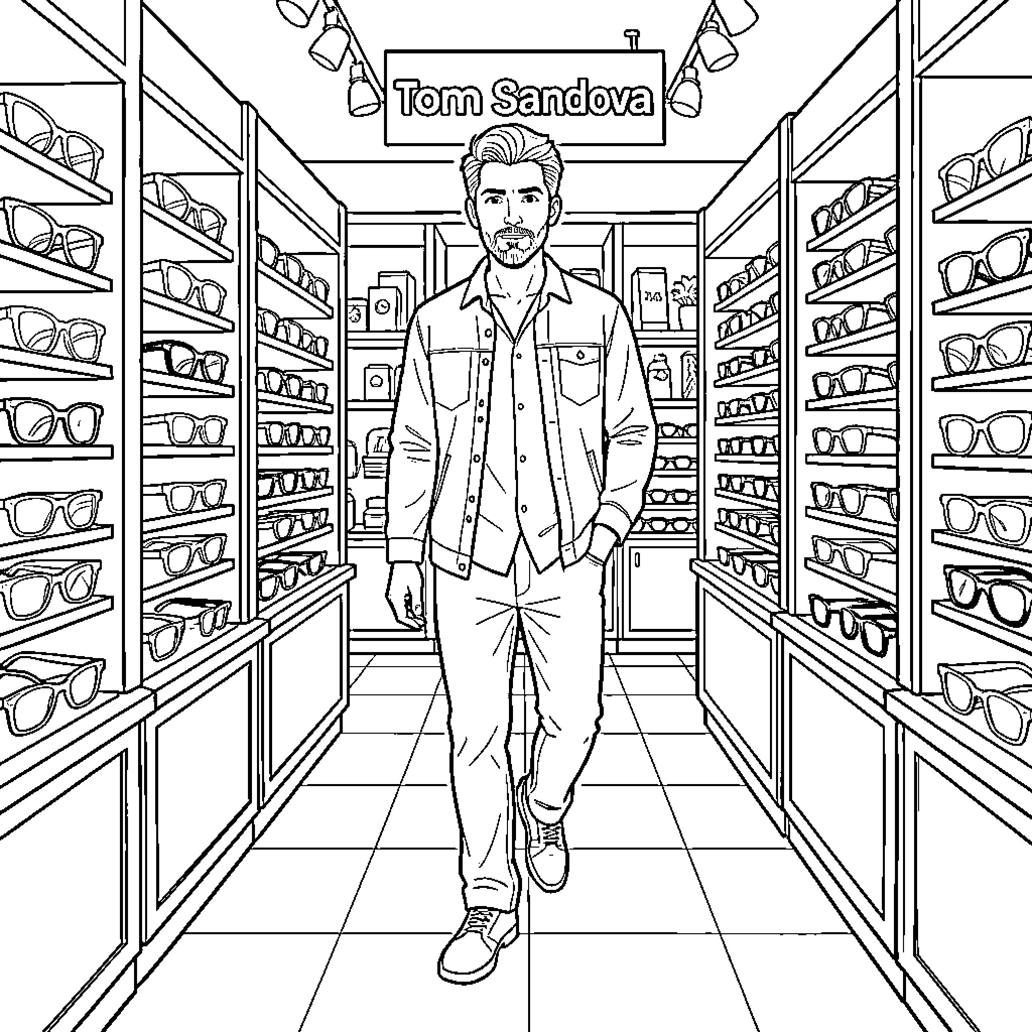 Tom Sandoval walking through an eyewear boutique Coloring Page (free black-and-white line drawing printable PDF for all, from beginners to advanced learners, including children, teens, adults, and seniors)