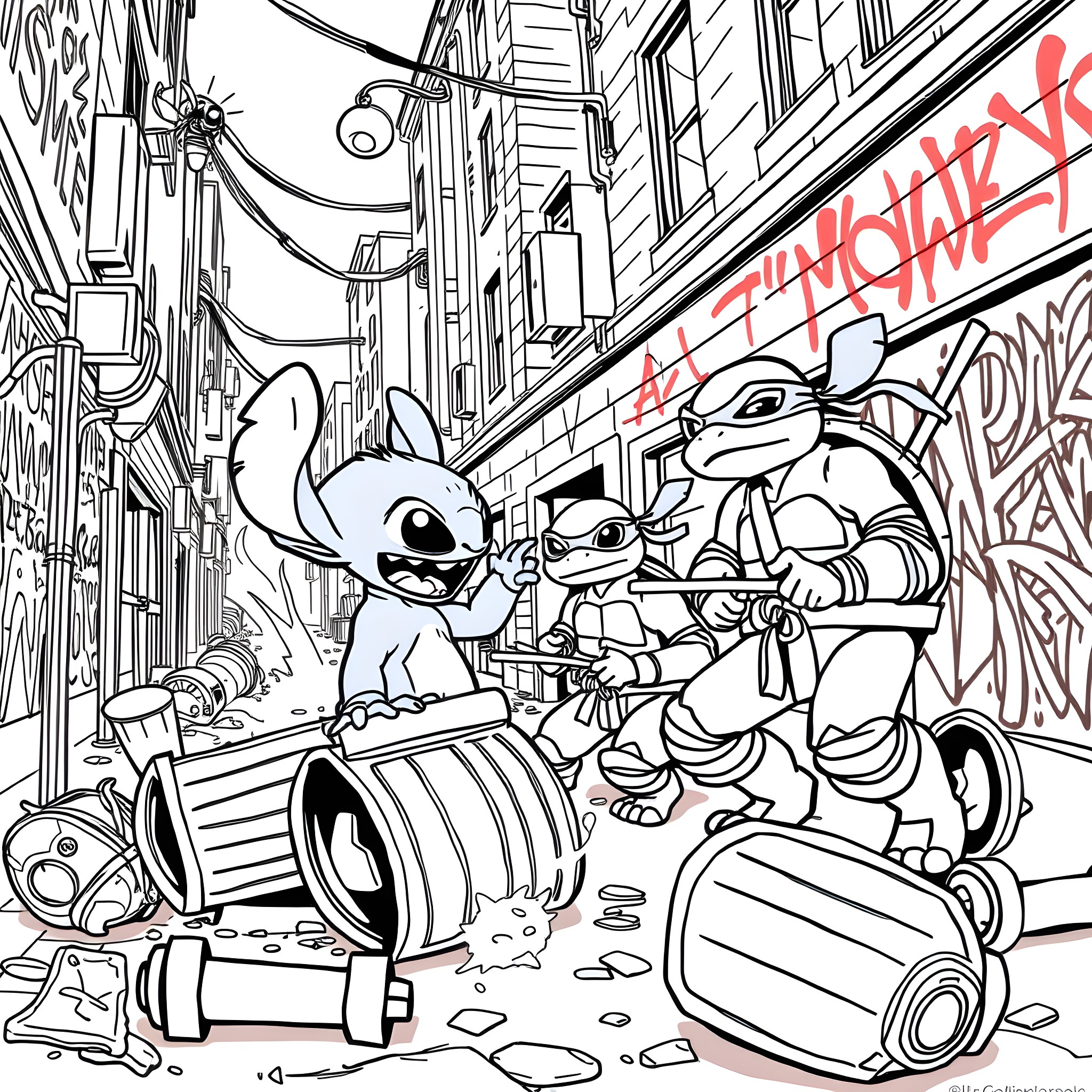 Stitch and friends causing trouble in the alley Coloring Page (free black-and-white line drawing printable PDF for all, from beginners to advanced learners, including children, teens, adults, and seniors)
