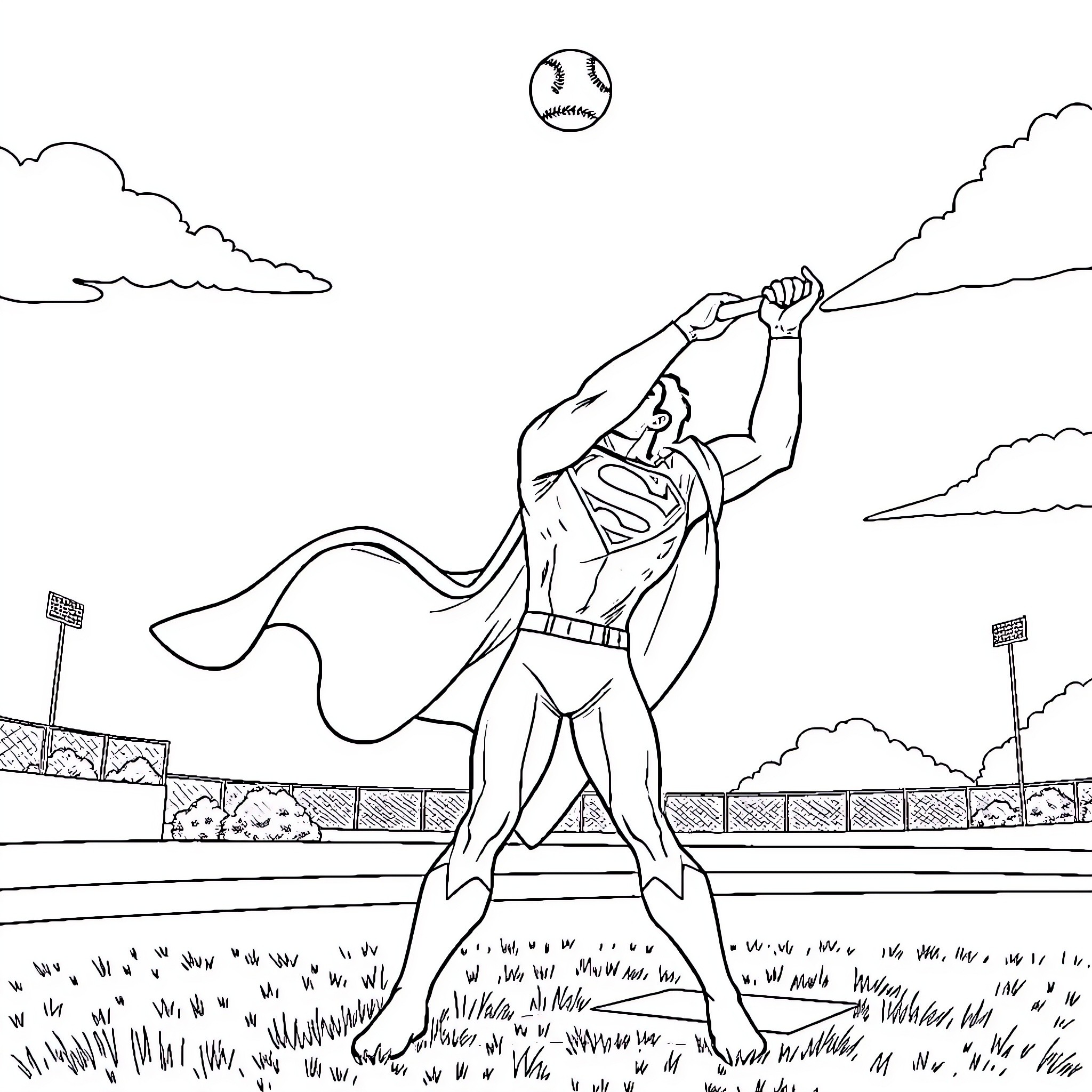 Superman saving the day in an epic scene Coloring Page (free black-and-white line drawing printable PDF for all, from beginners to advanced learners, including children, teens, adults, and seniors)