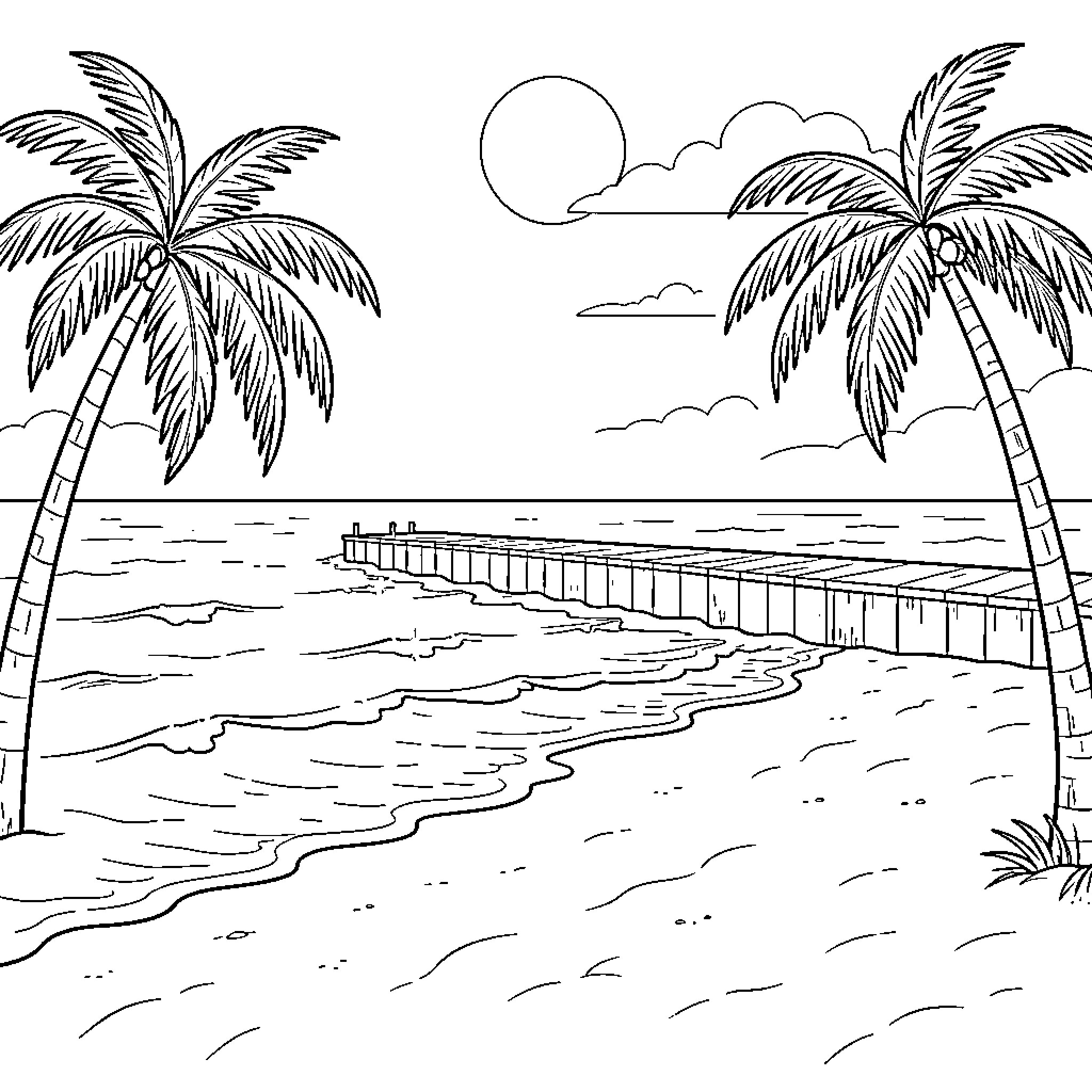 Beach scene with palm trees and wooden pier Coloring Page (free black-and-white line drawing printable PDF for all, from beginners to advanced learners, including children, teens, adults, and seniors)