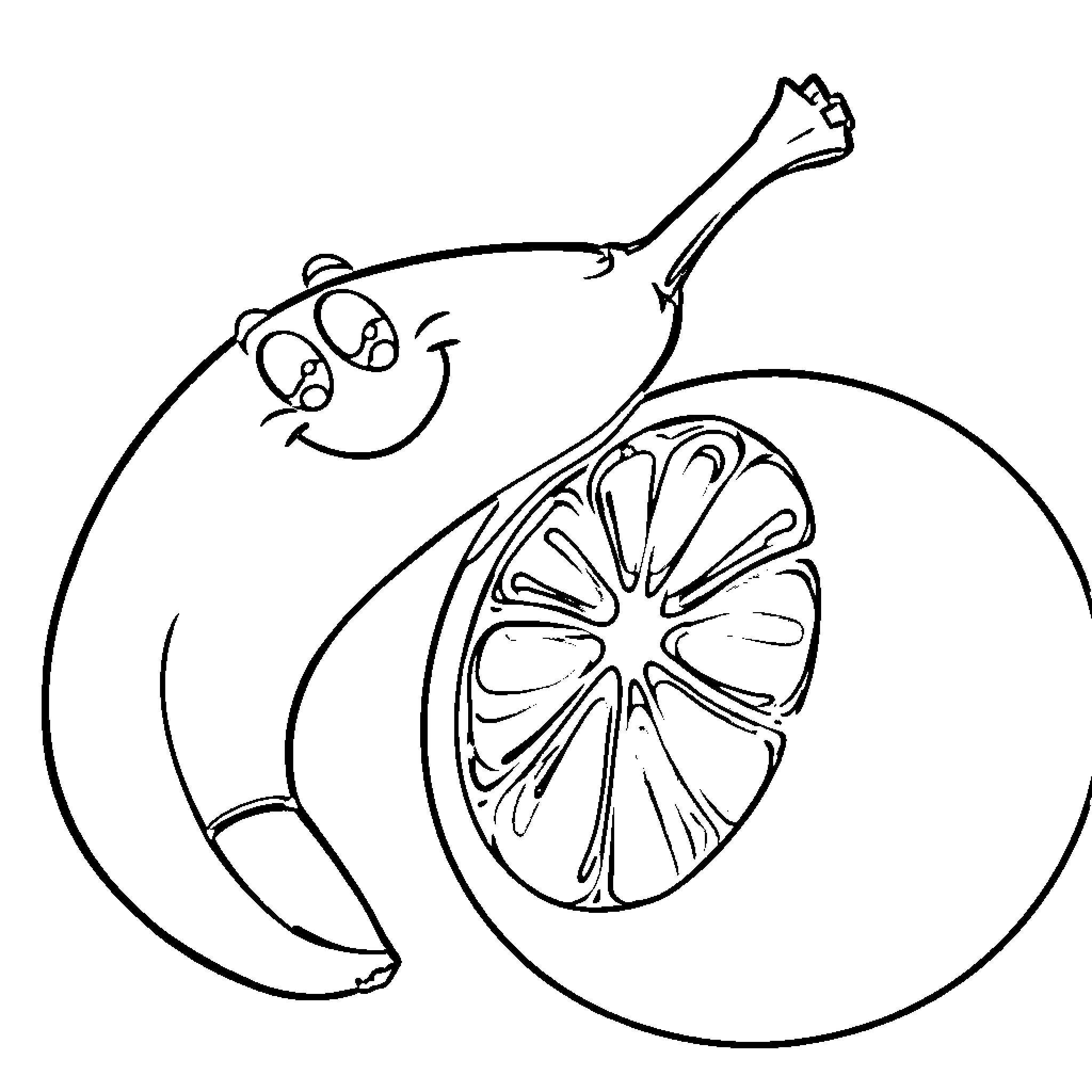 Banana Cheerfully Dancing with Slice Coloring Page (free black-and-white line drawing printable PDF for all, from beginners to advanced learners, including children, teens, adults, and seniors)