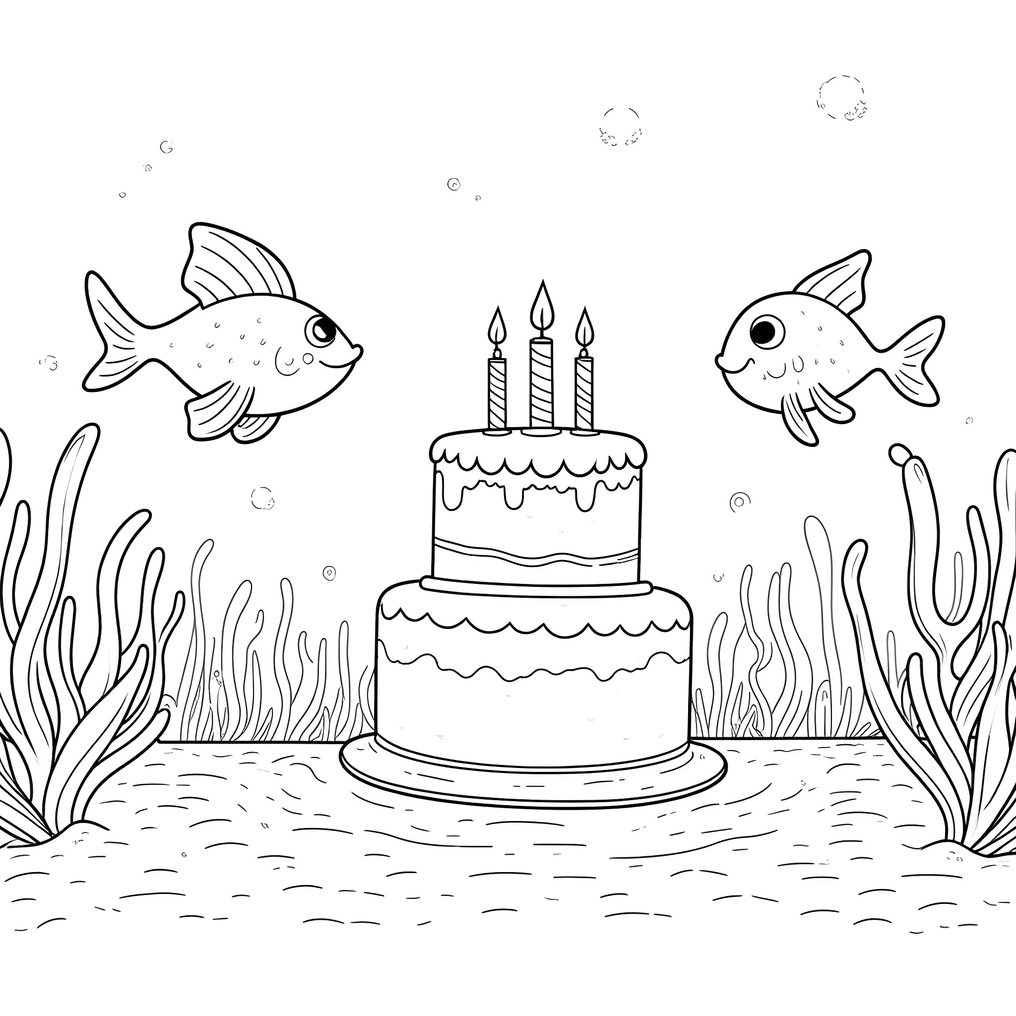 Sea life birthday celebration Coloring Page (free black-and-white line drawing printable PDF for all, from beginners to advanced learners, including children, teens, adults, and seniors)