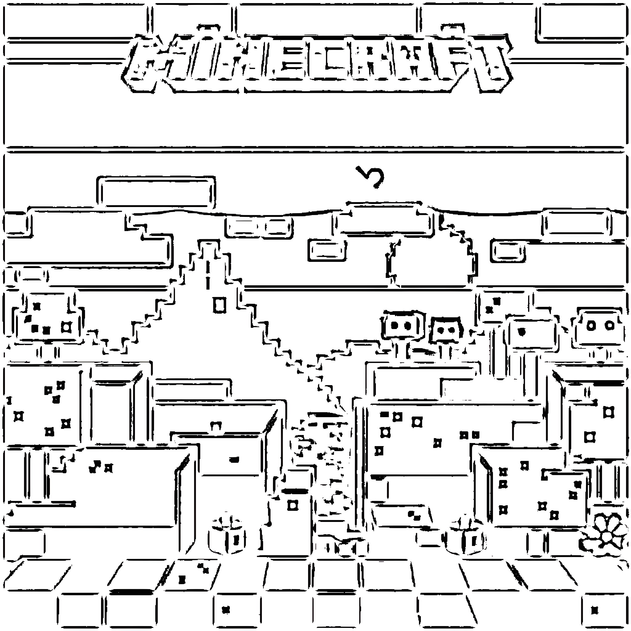 Minecraft characters exploring a blocky landscape Coloring Page (free black-and-white line drawing printable PDF for all, from beginners to advanced learners, including children, teens, adults, and seniors)