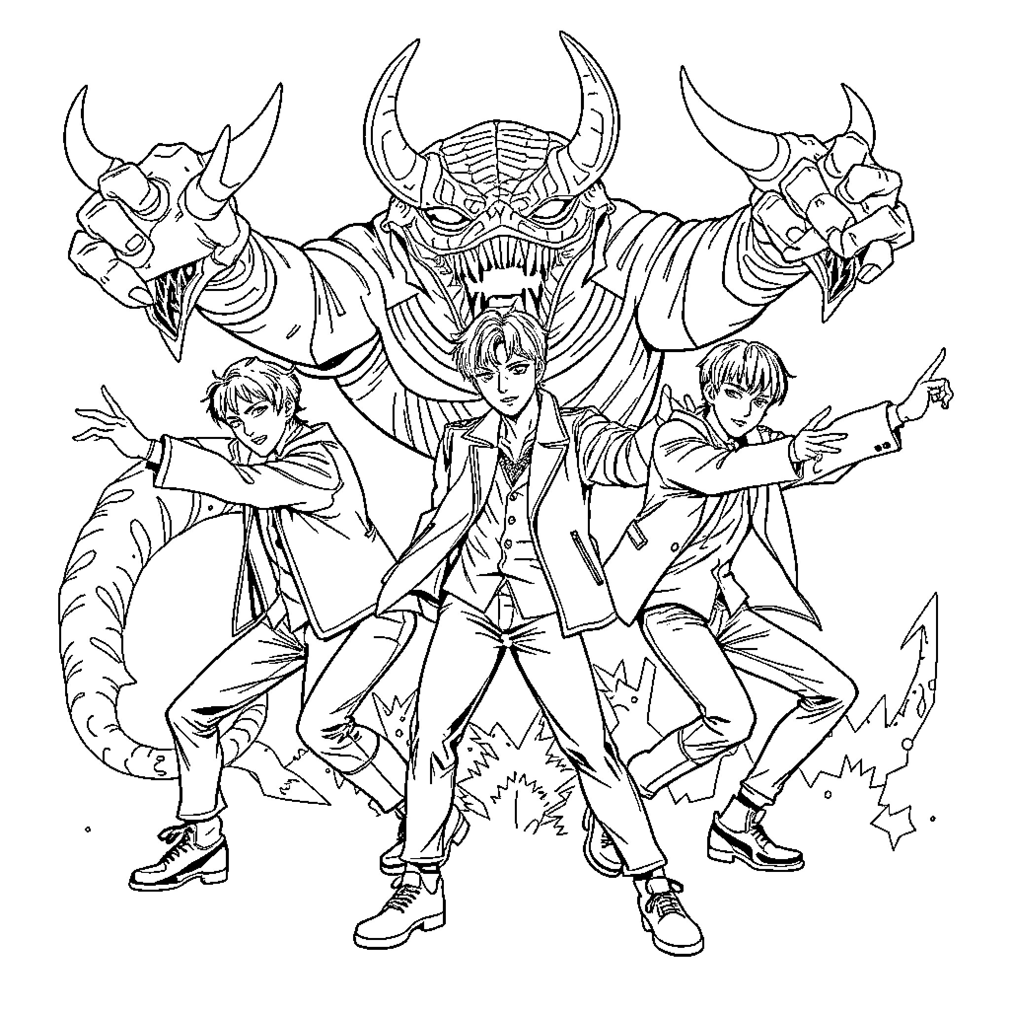 Saja Boy and his Superhero Companions Facing Adversity Coloring Page (free black-and-white line drawing printable PDF for all, from beginners to advanced learners, including children, teens, adults, and seniors)