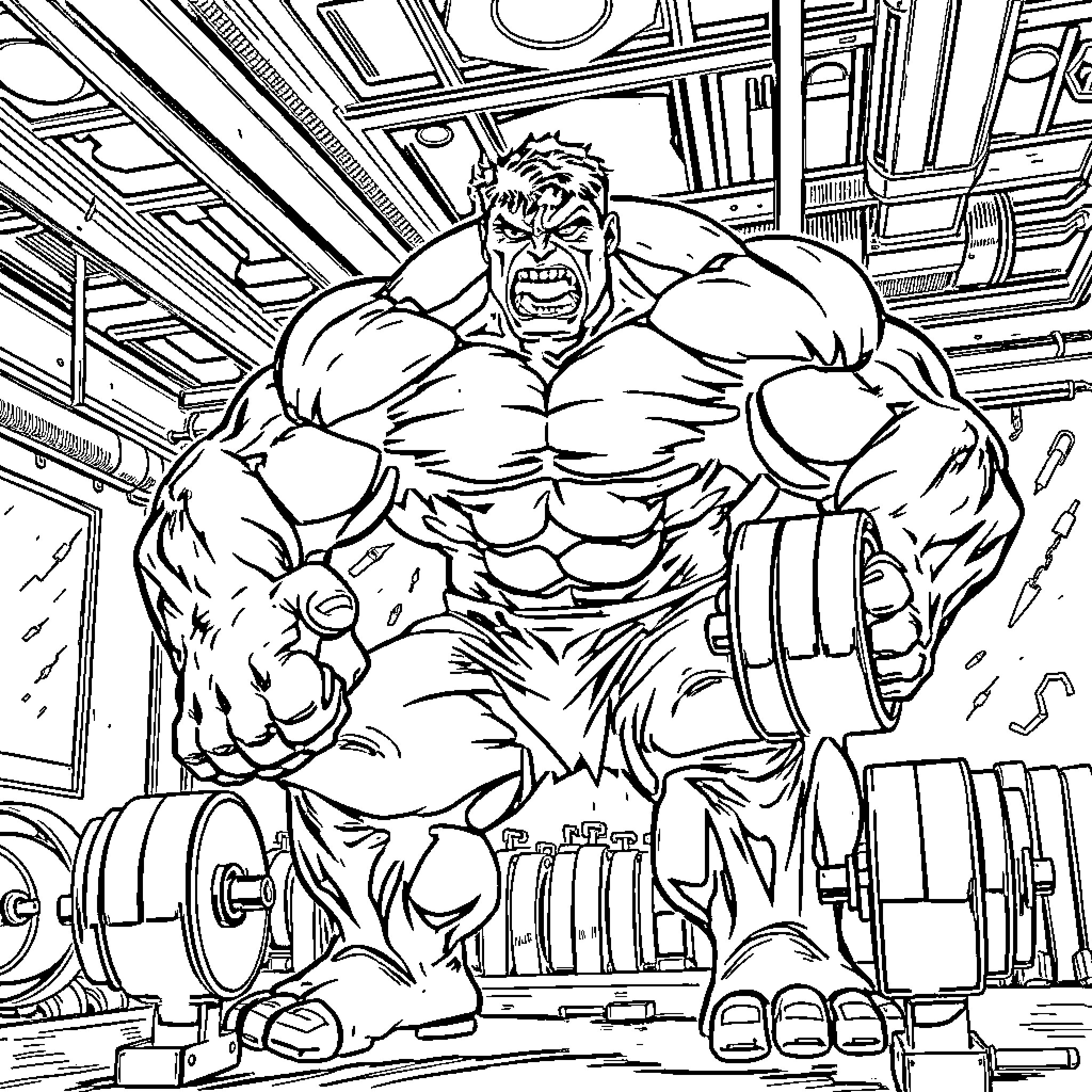 Hulk Lifting Weights in Gym Coloring Page (free black-and-white line drawing printable PDF for all, from beginners to advanced learners, including children, teens, adults, and seniors)