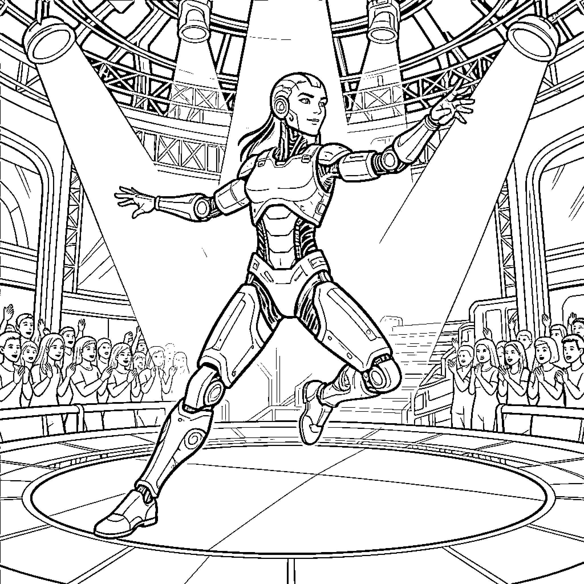 Dancer performing a dynamic routine on a stage Coloring Page (free black-and-white line drawing printable PDF for all, from beginners to advanced learners, including children, teens, adults, and seniors)