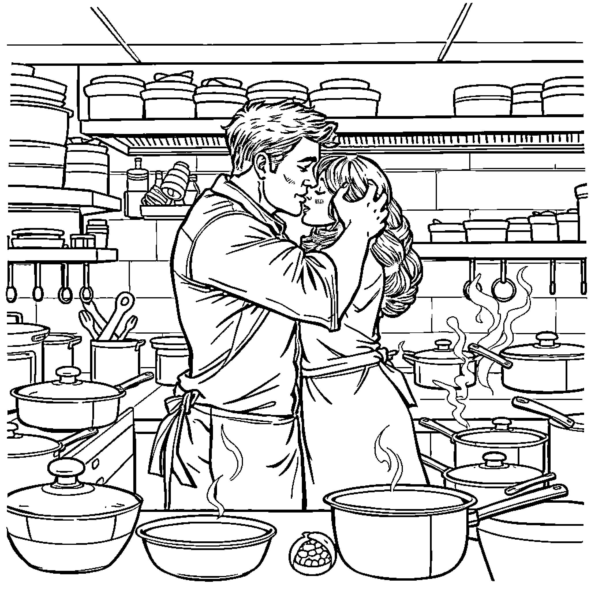 Chef embracing loved one in the kitchen Coloring Page (free black-and-white line drawing printable PDF for all, from beginners to advanced learners, including children, teens, adults, and seniors)