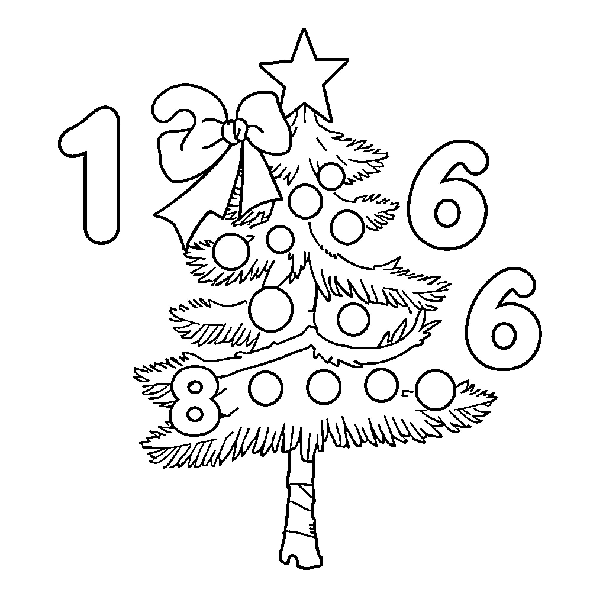 Christmas Tree with Decorative Numbers Coloring Page (free black-and-white line drawing printable PDF for all, from beginners to advanced learners, including children, teens, adults, and seniors)