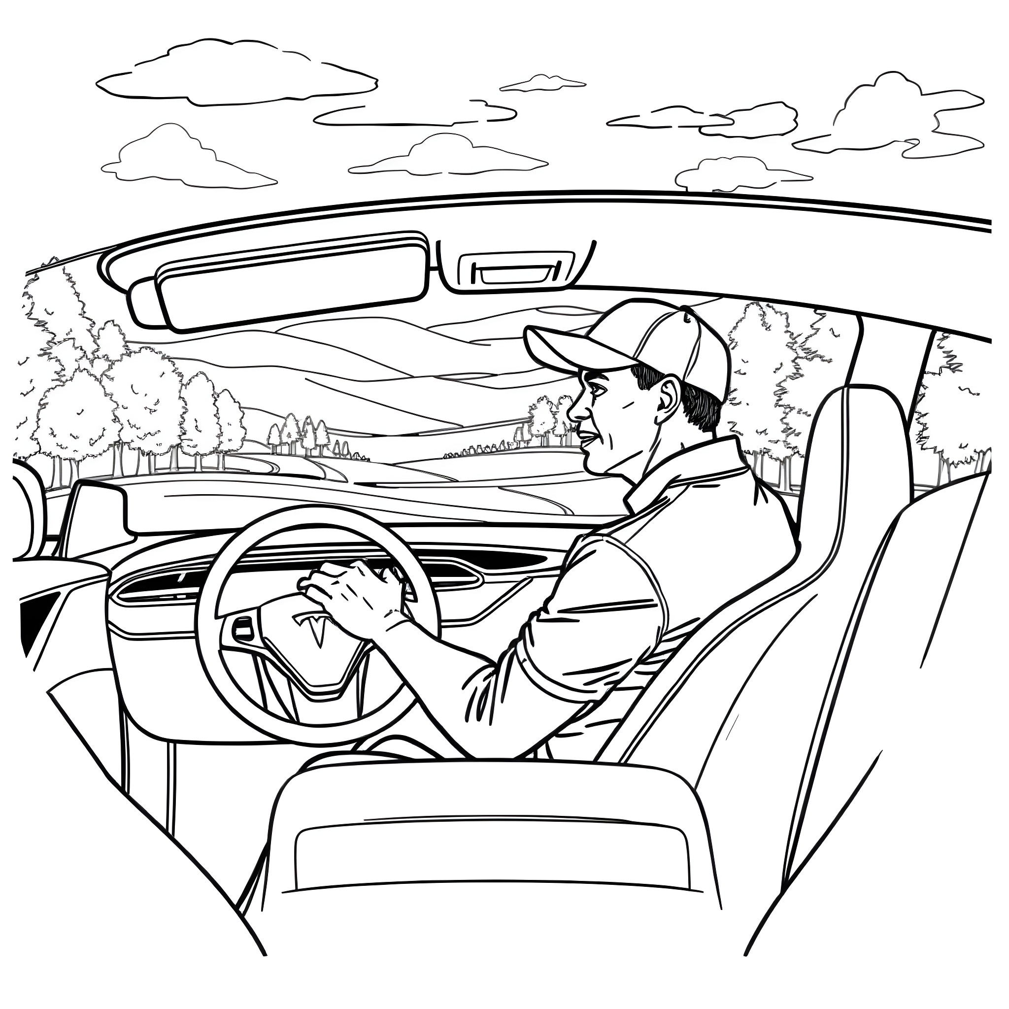 Tiger driving a car through scenic countryside Coloring Page (free black-and-white line drawing printable PDF for all, from beginners to advanced learners, including children, teens, adults, and seniors)