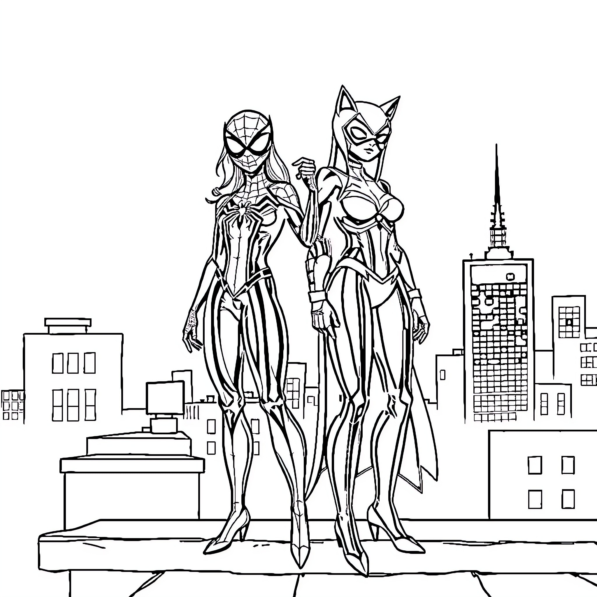 Spider Woman and Superhero Partner in the City Coloring Page (free black-and-white line drawing printable PDF for all, from beginners to advanced learners, including children, teens, adults, and seniors)