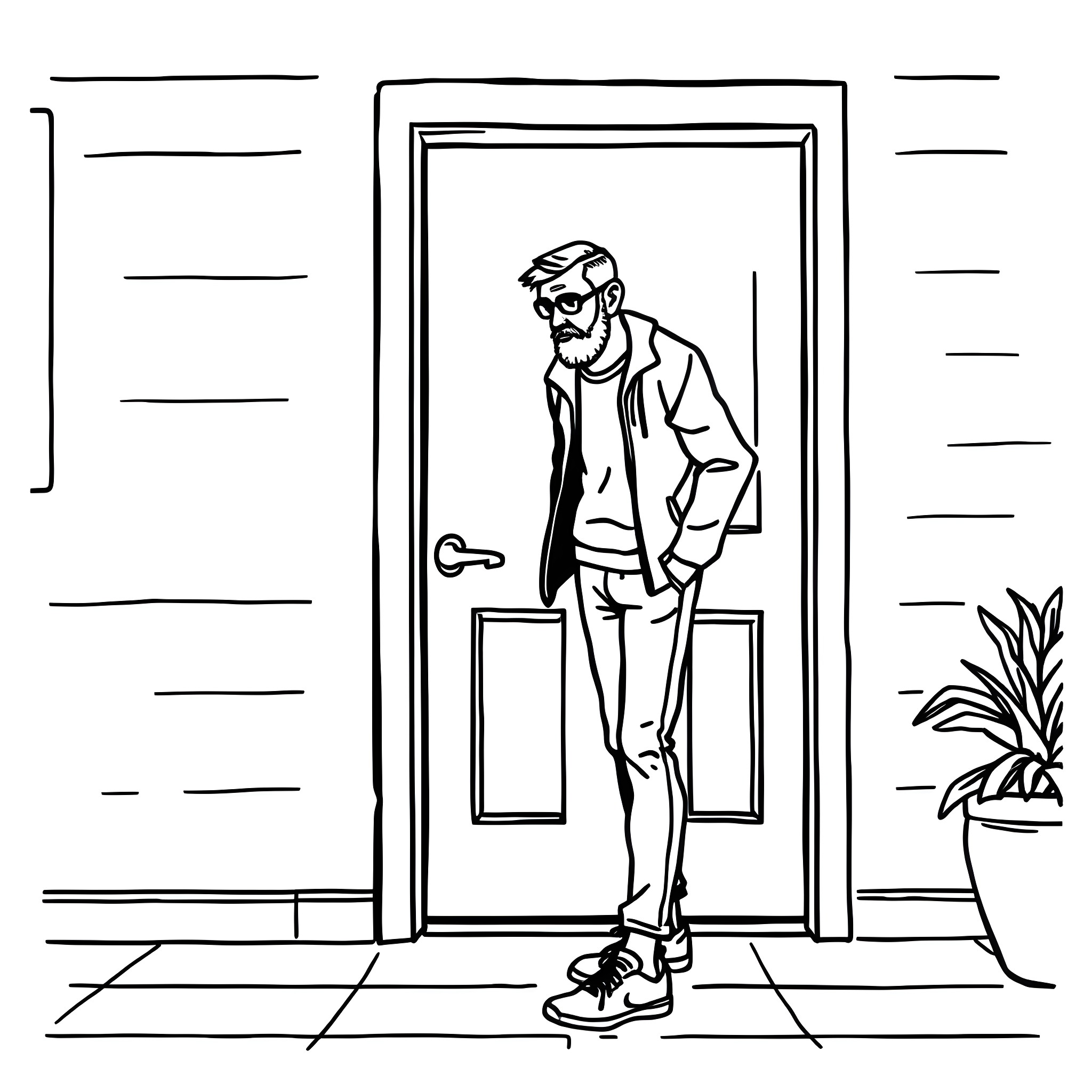 Man standing outside doorway Coloring Page (free black-and-white line drawing printable PDF for all, from beginners to advanced learners, including children, teens, adults, and seniors)