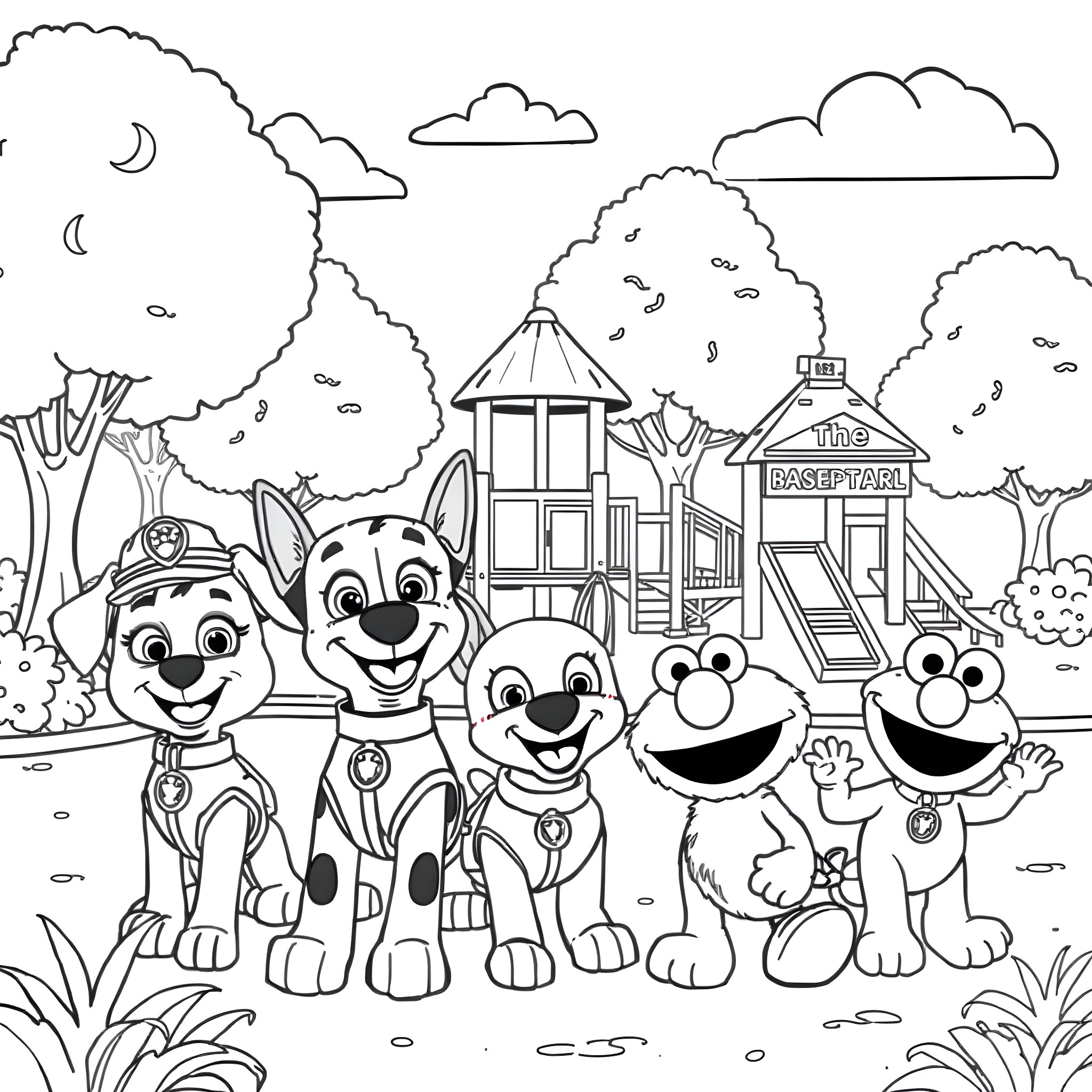Paw Patrol characters in an outdoor setting Coloring Page (free black-and-white line drawing printable PDF for all, from beginners to advanced learners, including children, teens, adults, and seniors)