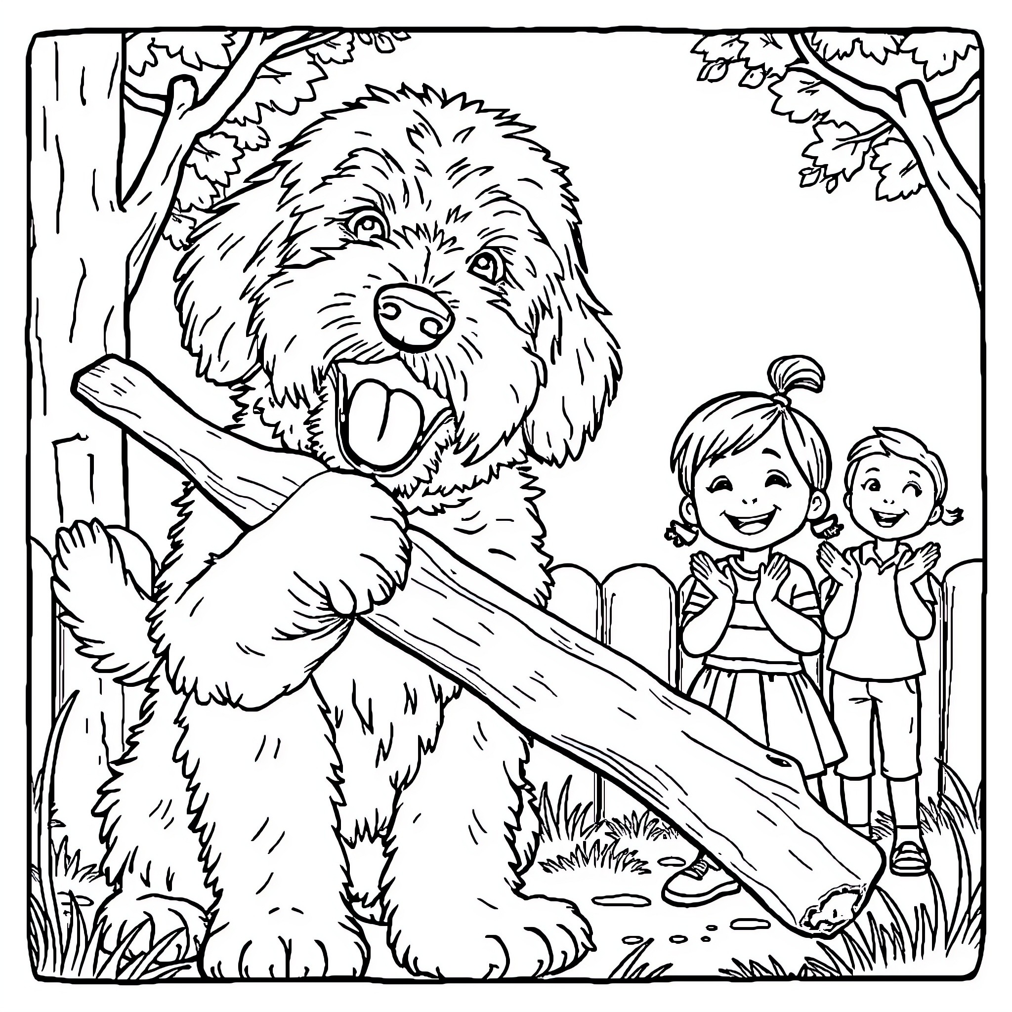 Doodle of a playful dog and happy children in the park Coloring Page (free black-and-white line drawing printable PDF for all, from beginners to advanced learners, including children, teens, adults, and seniors)