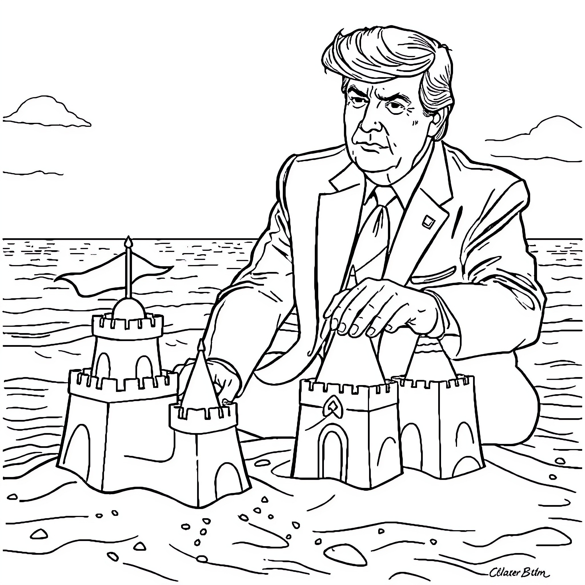 Donald Trump Builds Sandcastles on the Beach Coloring Page (free black-and-white line drawing printable PDF for all, from beginners to advanced learners, including children, teens, adults, and seniors)