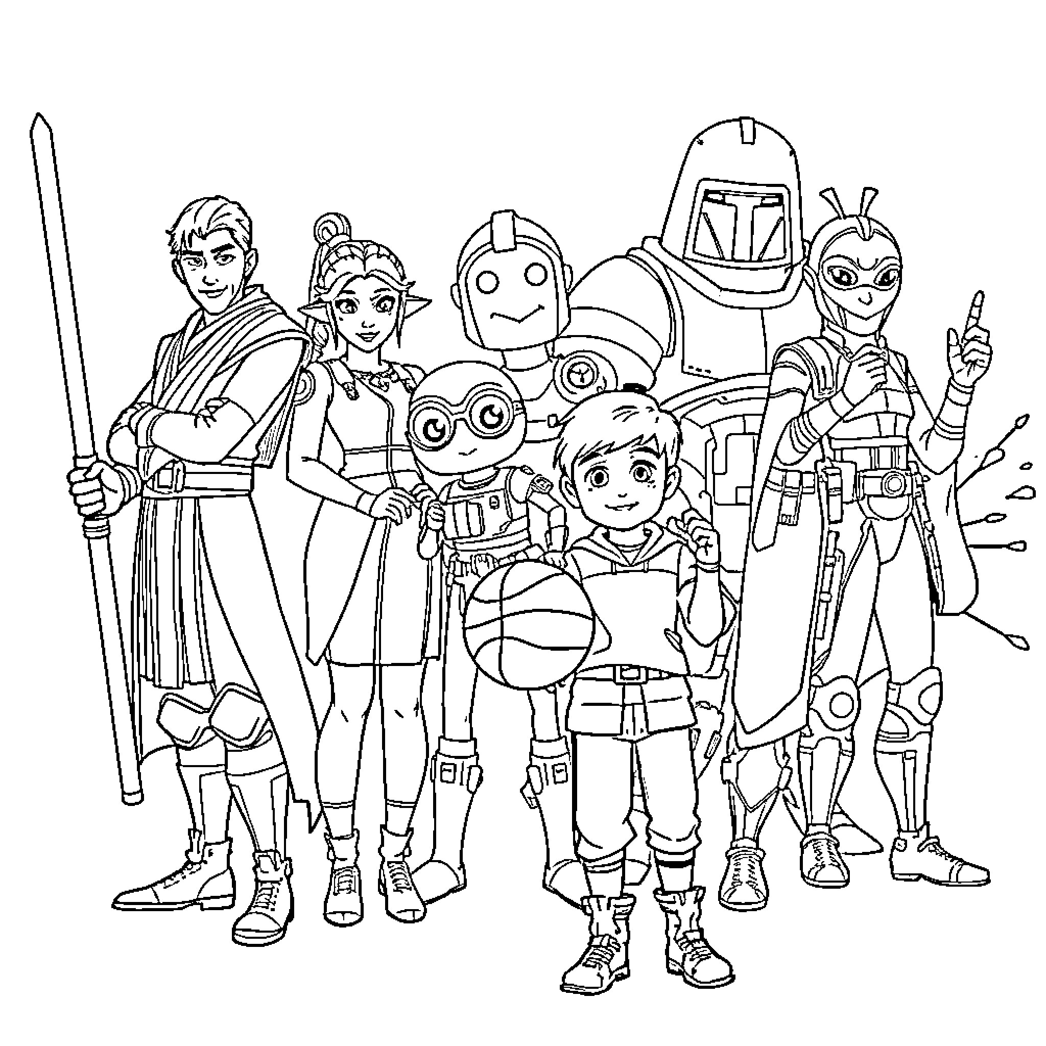 Star Wars Rebel Characters in Action Poses Coloring Page (free black-and-white line drawing printable PDF for all, from beginners to advanced learners, including children, teens, adults, and seniors)