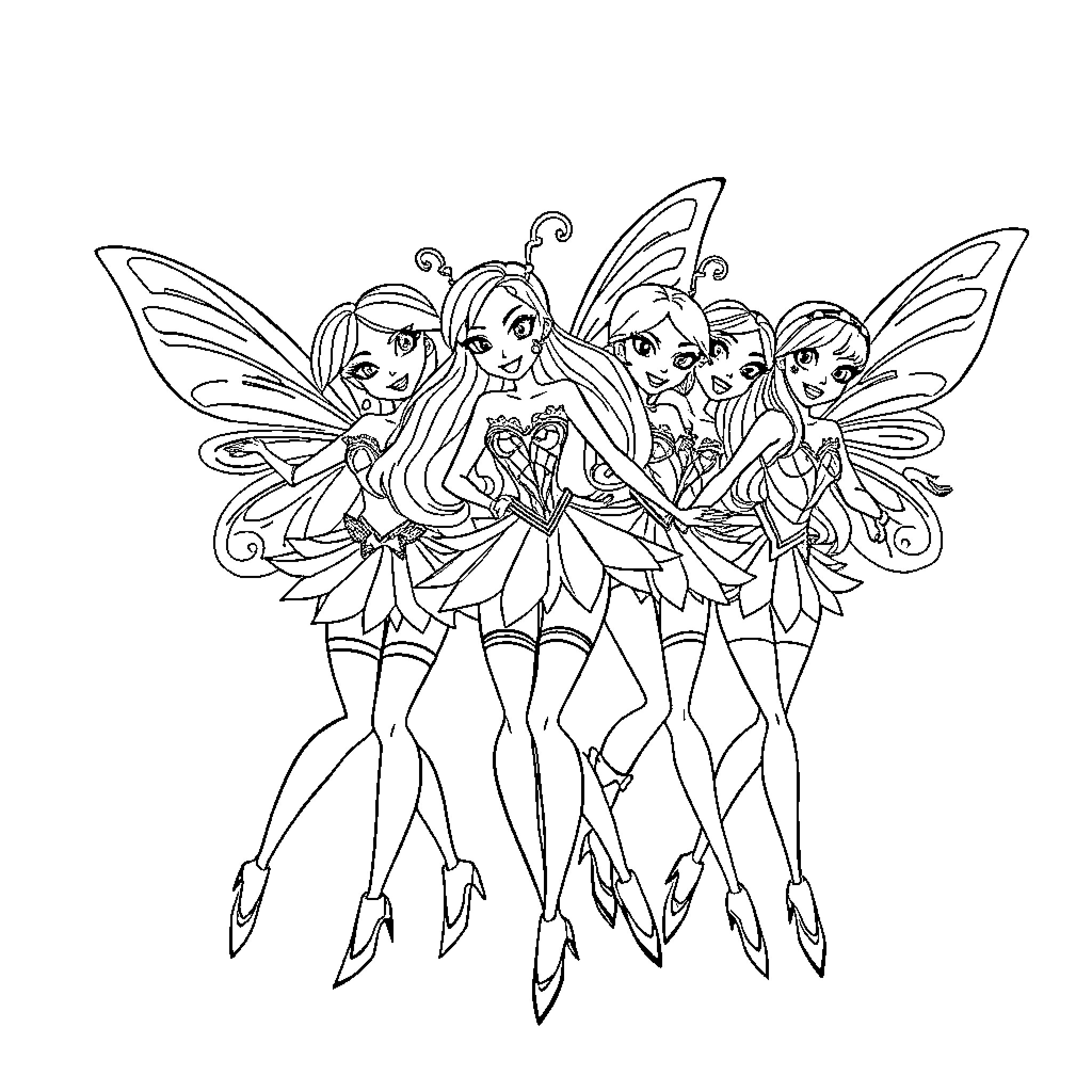 Katseye Magical Fairy Friends in Enchanted Poses Coloring Page (free black-and-white line drawing printable PDF for all, from beginners to advanced learners, including children, teens, adults, and seniors)