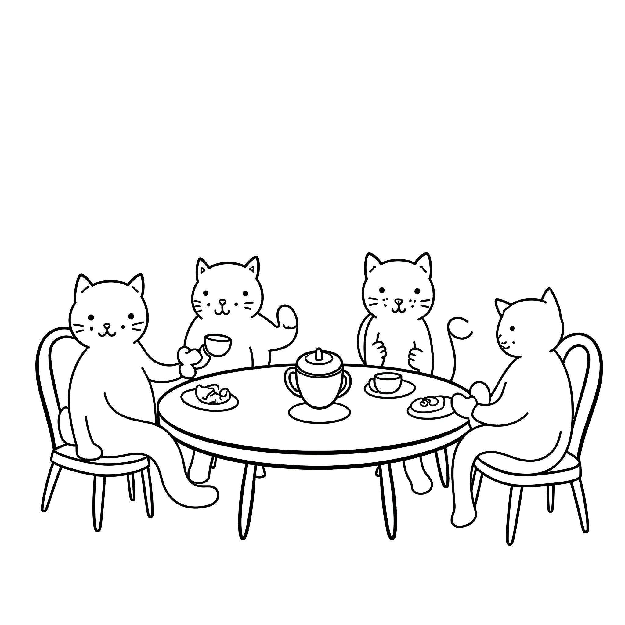 Cats enjoying a delightful tea party Coloring Page (free black-and-white line drawing printable PDF for all, from beginners to advanced learners, including children, teens, adults, and seniors)