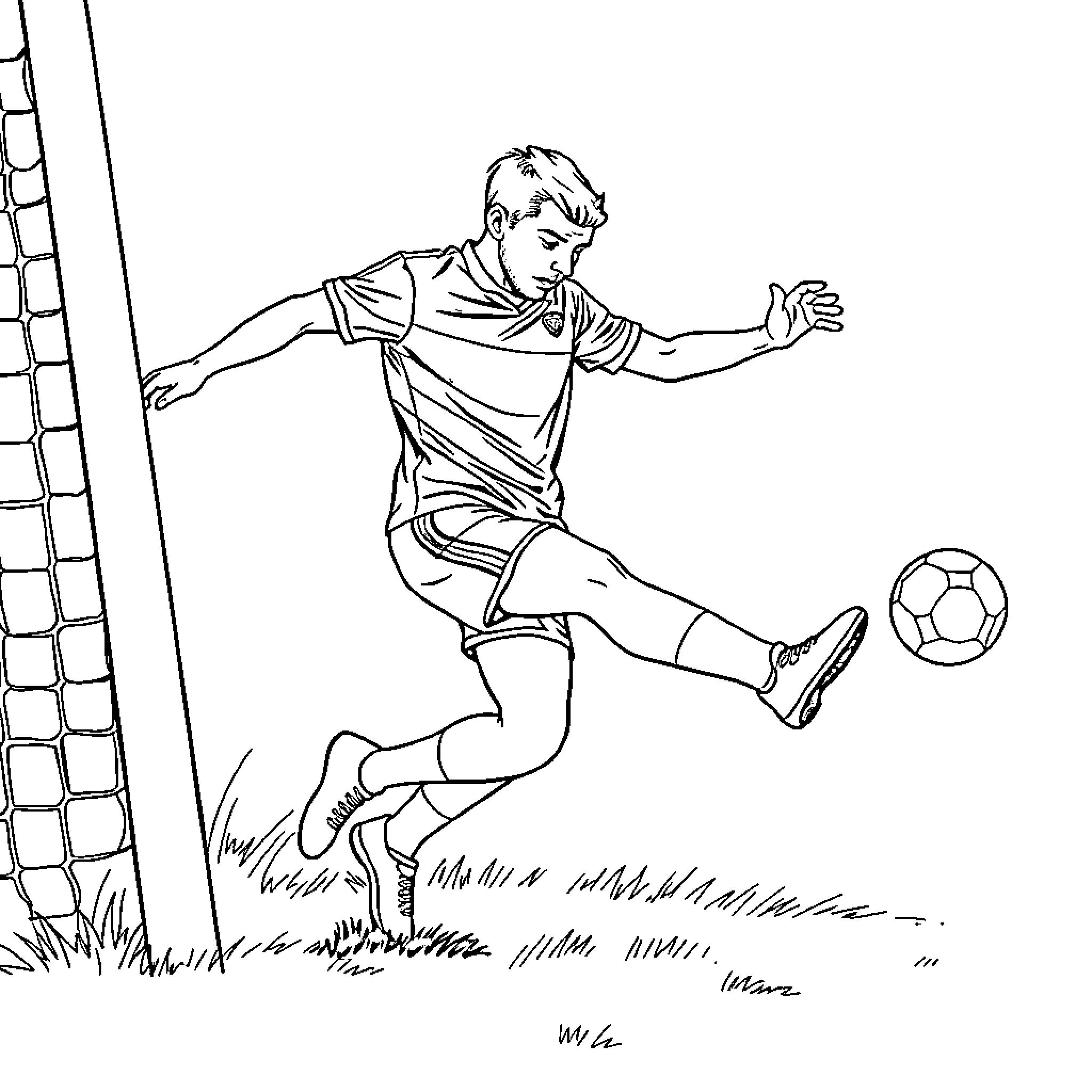 Gaelic Footballer kicking ball near goal Coloring Page (free black-and-white line drawing printable PDF for all, from beginners to advanced learners, including children, teens, adults, and seniors)