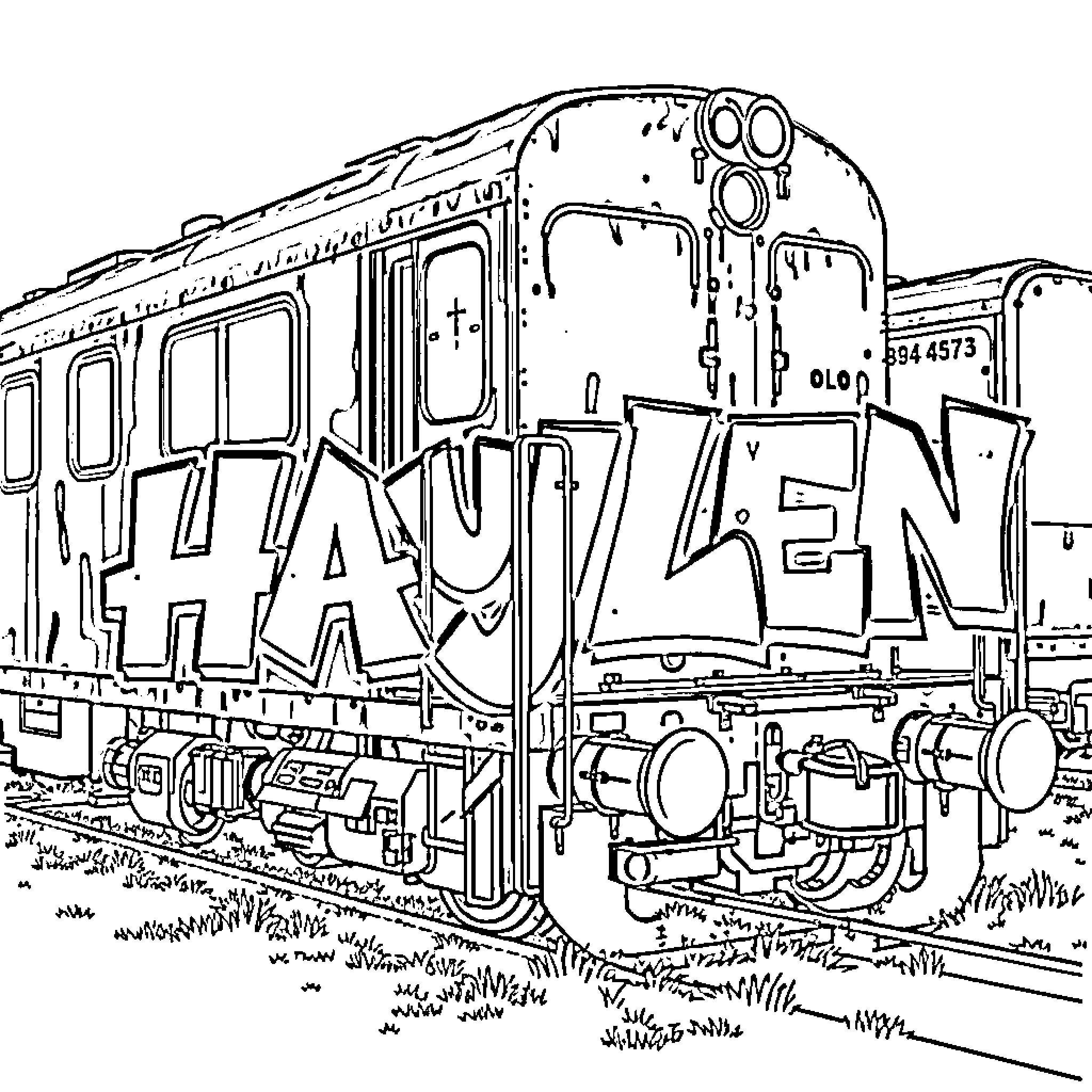 Haylen's Graffiti Train Adventure Coloring Page (free black-and-white line drawing printable PDF for all, from beginners to advanced learners, including children, teens, adults, and seniors)