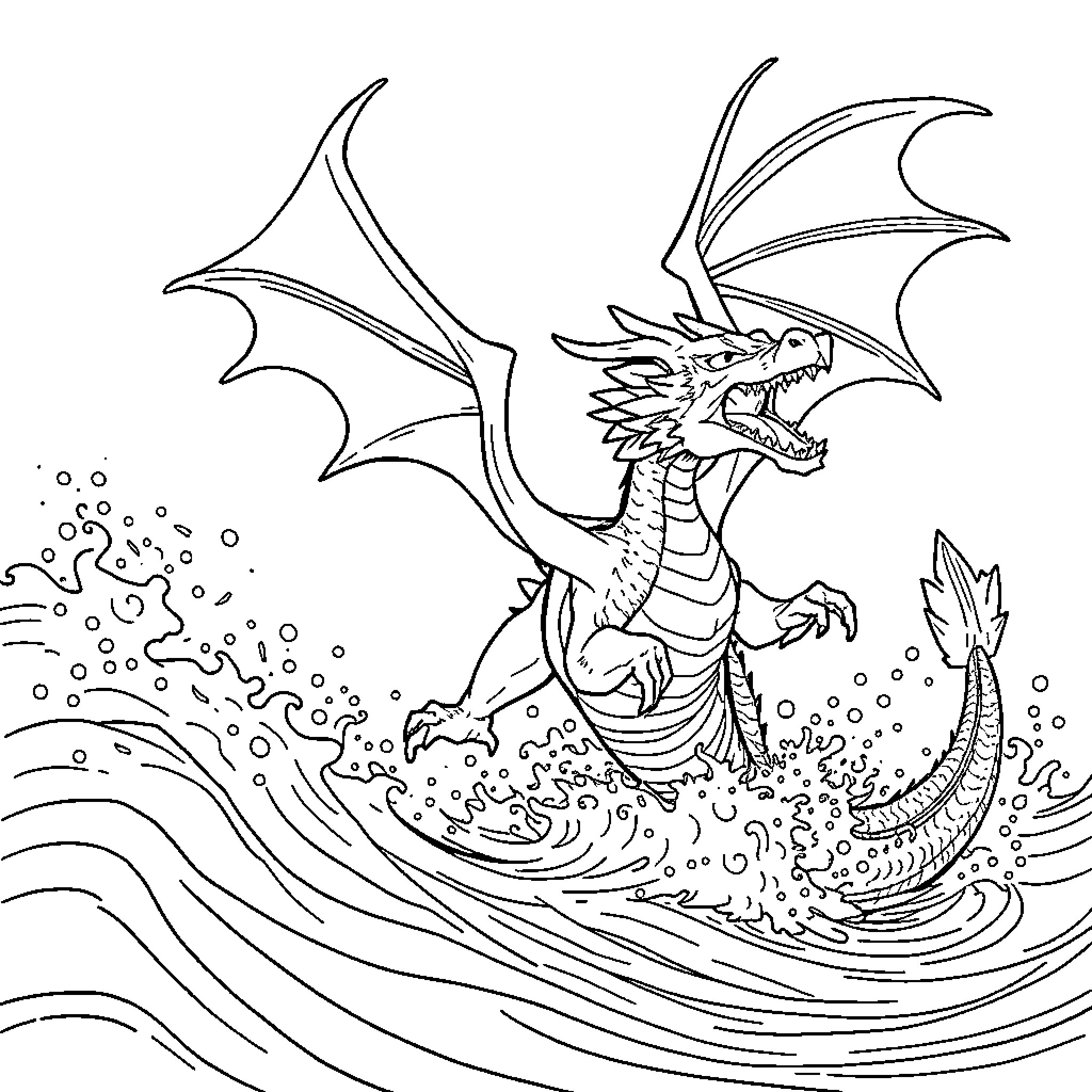 Dragon soaring through the waves Coloring Page (free black-and-white line drawing printable PDF for all, from beginners to advanced learners, including children, teens, adults, and seniors)