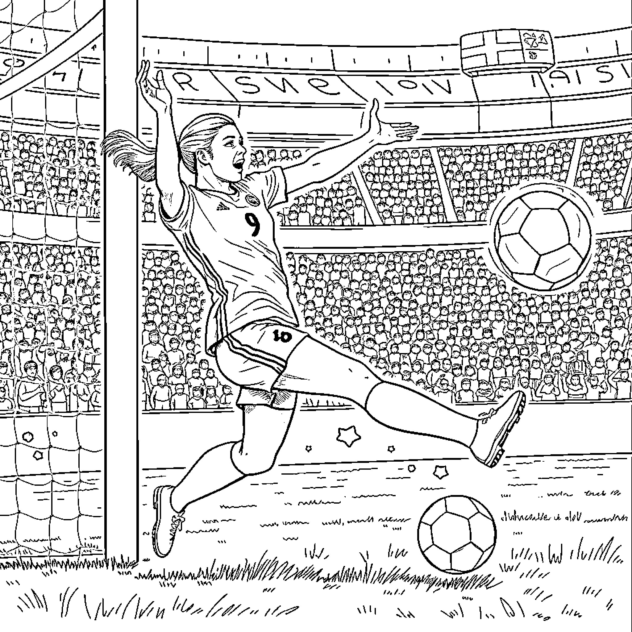 Stina Blackstenius scoring a goal in a soccer match Coloring Page (free black-and-white line drawing printable PDF for all, from beginners to advanced learners, including children, teens, adults, and seniors)