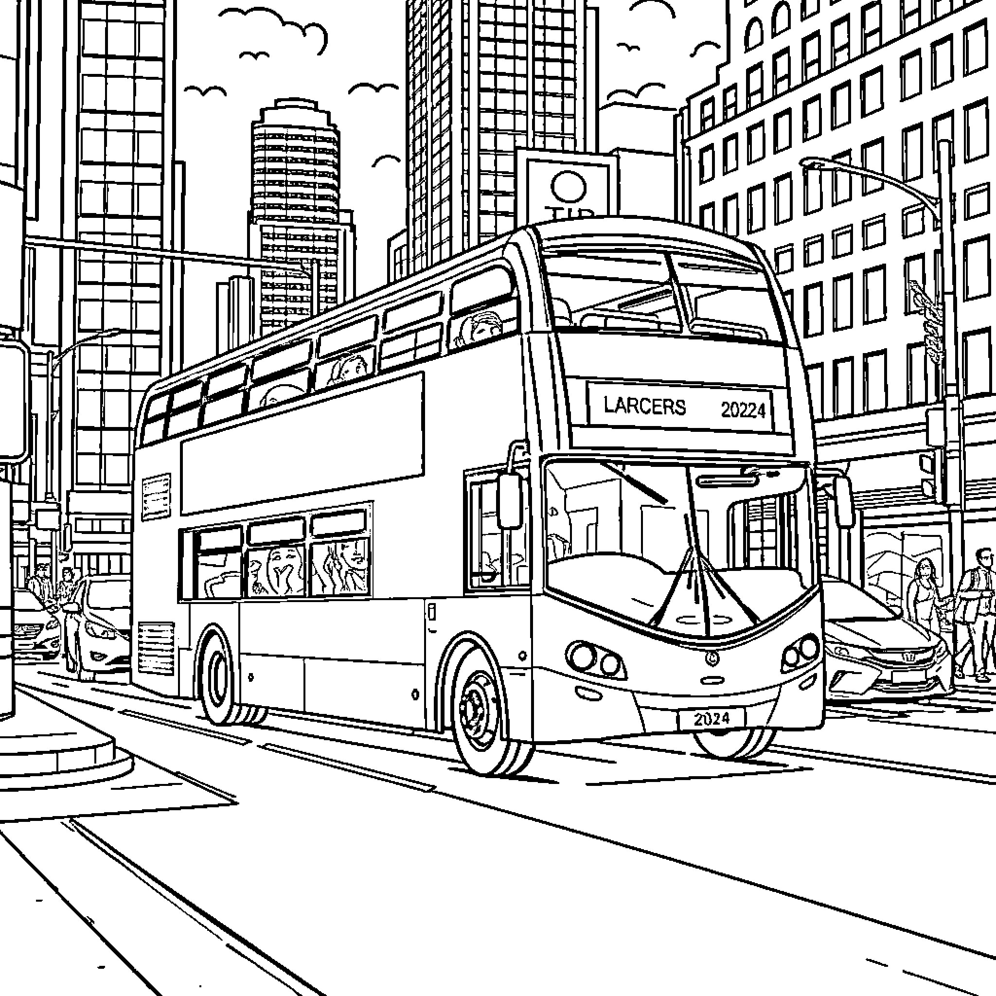 Bus in a Bustling City Street Scene Coloring Page (free black-and-white line drawing printable PDF for all, from beginners to advanced learners, including children, teens, adults, and seniors)