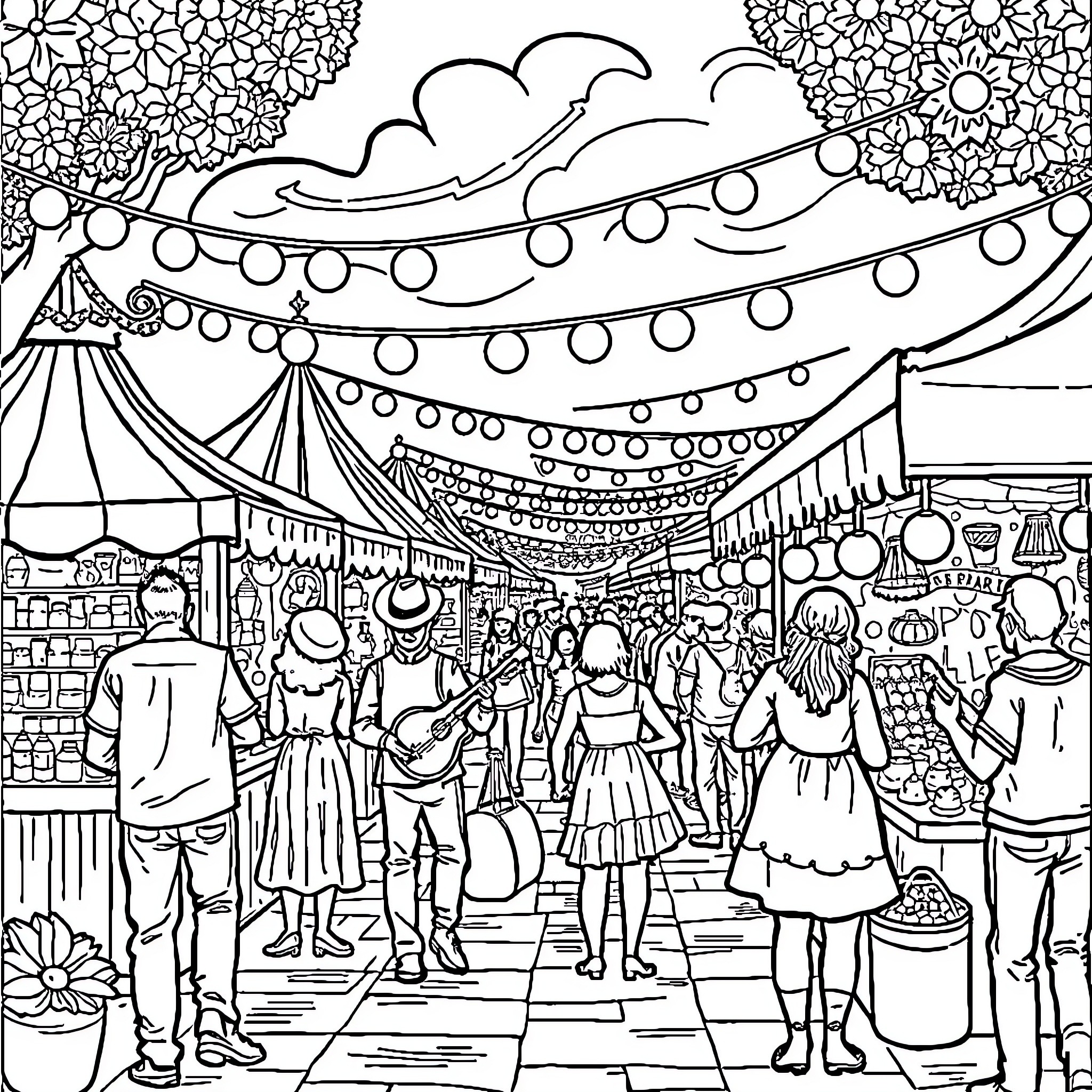 Fair with Lively Festivities and Diverse Crowds Coloring Page (free black-and-white line drawing printable PDF for all, from beginners to advanced learners, including children, teens, adults, and seniors)