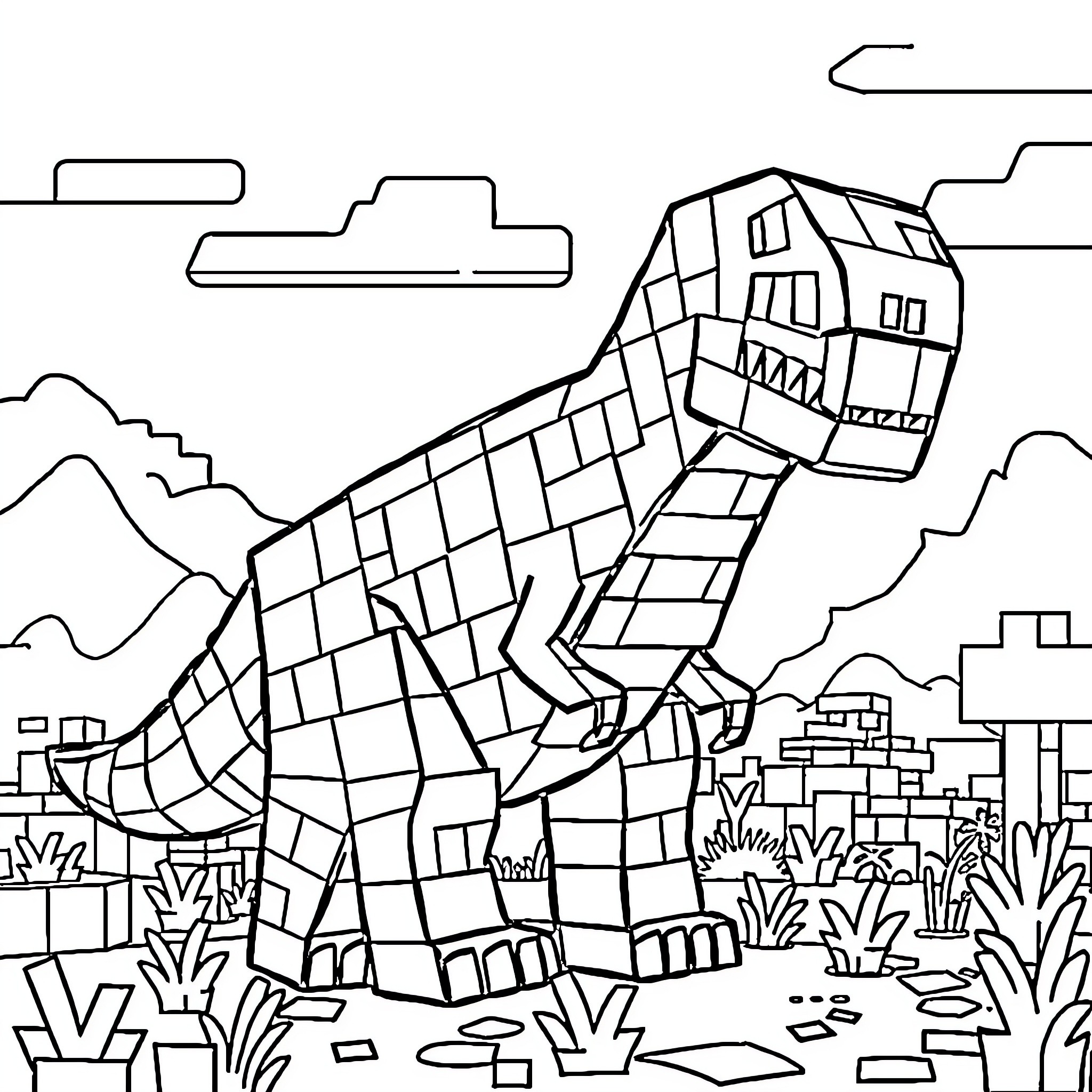 Creeper exploring mysterious pixel terrain Coloring Page (free black-and-white line drawing printable PDF for all, from beginners to advanced learners, including children, teens, adults, and seniors)