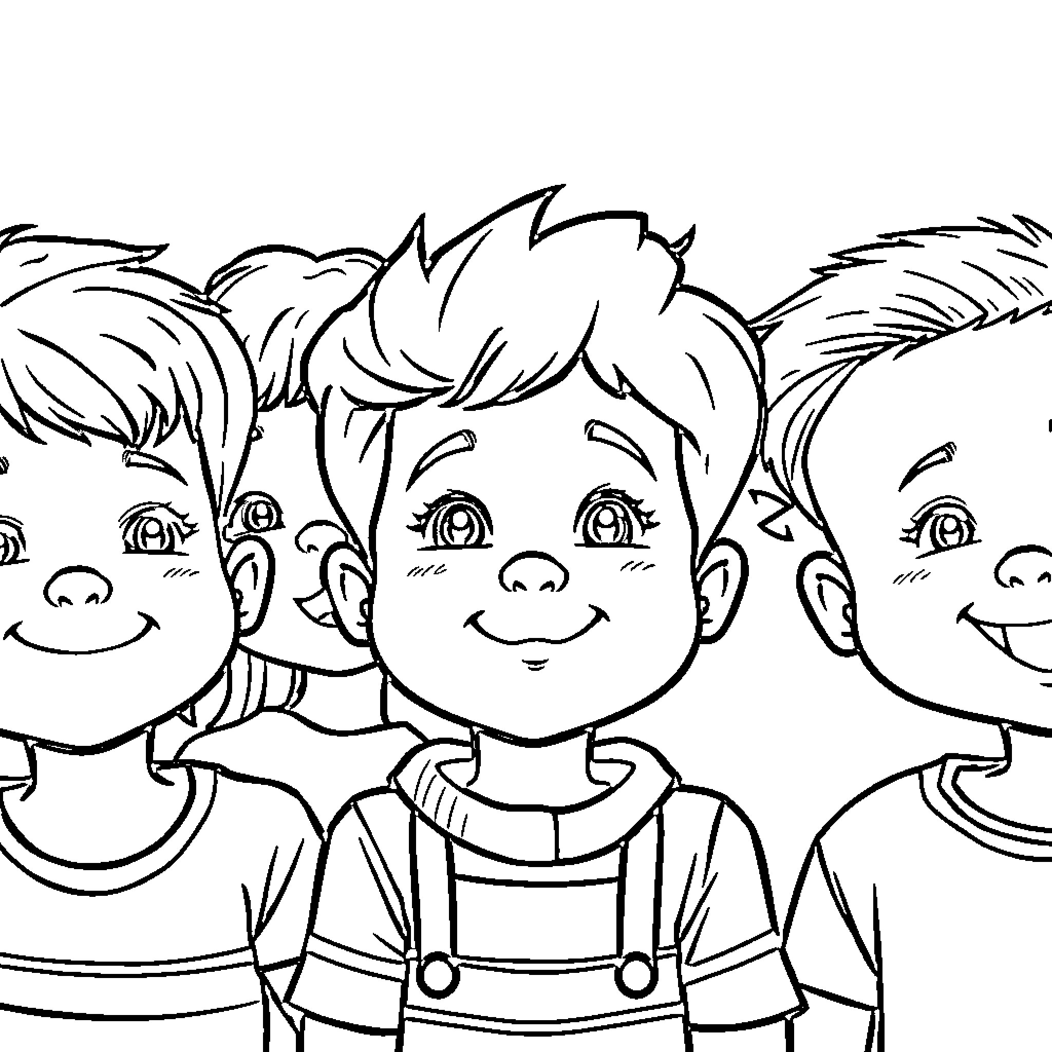 Kids happily posing together Coloring Page (free black-and-white line drawing printable PDF for all, from beginners to advanced learners, including children, teens, adults, and seniors)
