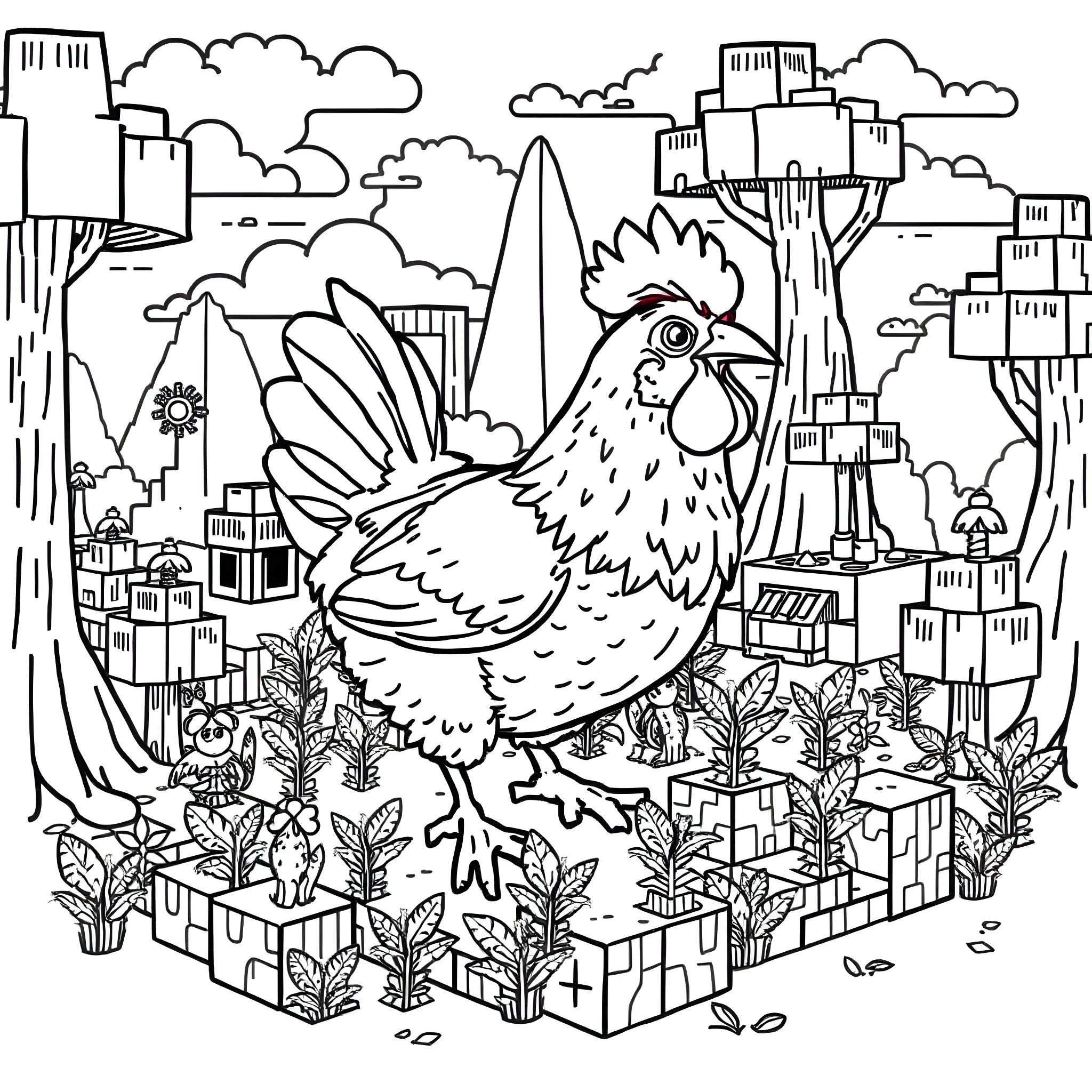 Chicken in a fantastical urban landscape Coloring Page (free black-and-white line drawing printable PDF for all, from beginners to advanced learners, including children, teens, adults, and seniors)