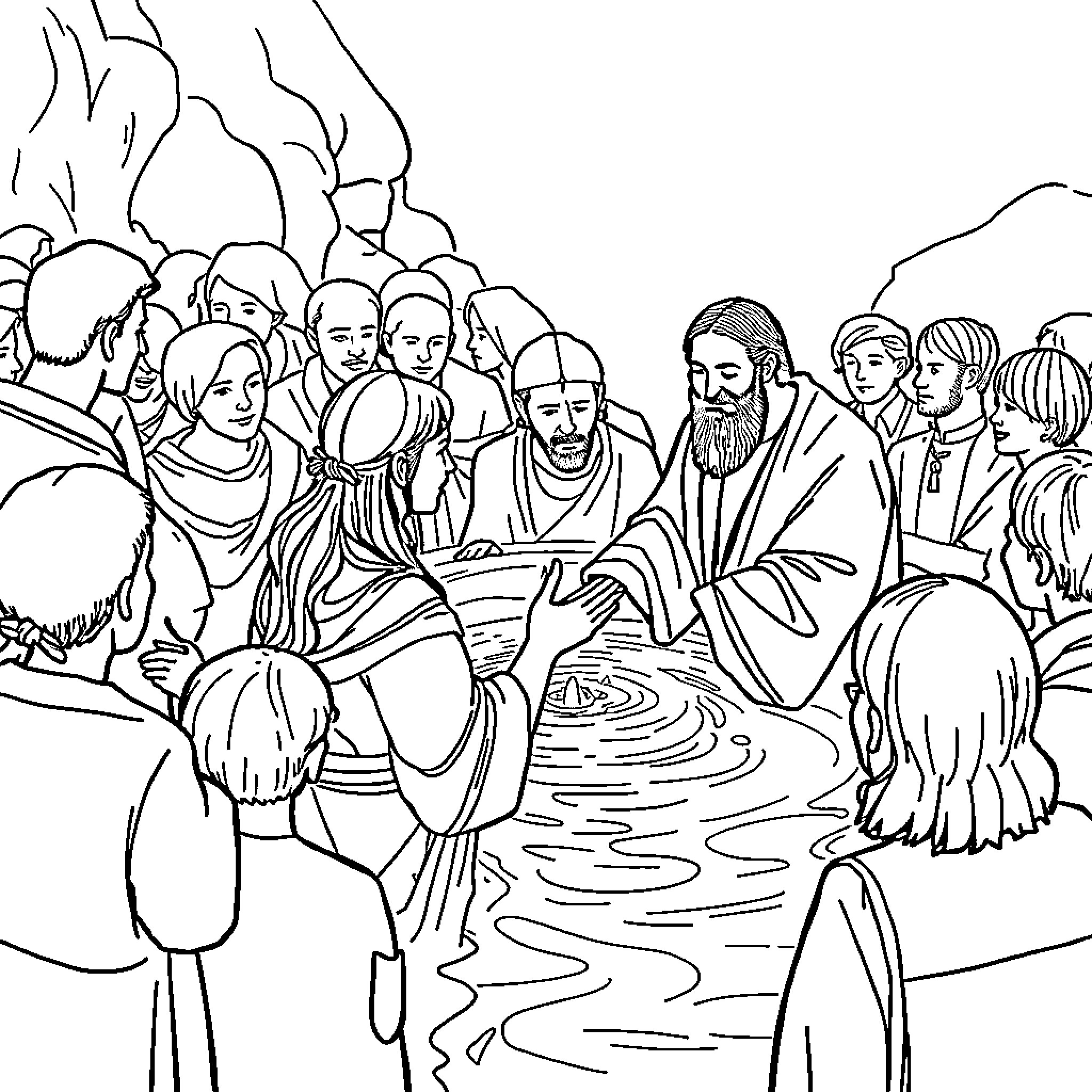 Baptism Ceremony with Religious Figures and Congregation Coloring Page (free black-and-white line drawing printable PDF for all, from beginners to advanced learners, including children, teens, adults, and seniors)