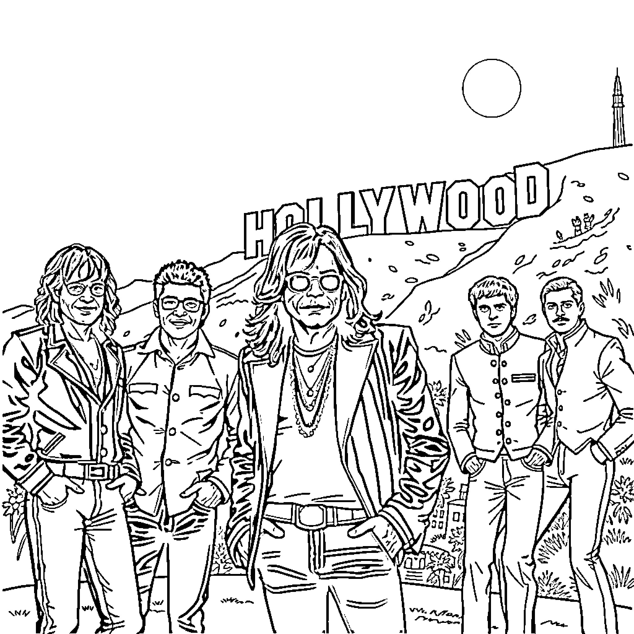 Ozzy Osborne and band posing in front of Hollywood sign Coloring Page (free black-and-white line drawing printable PDF for all, from beginners to advanced learners, including children, teens, adults, and seniors)