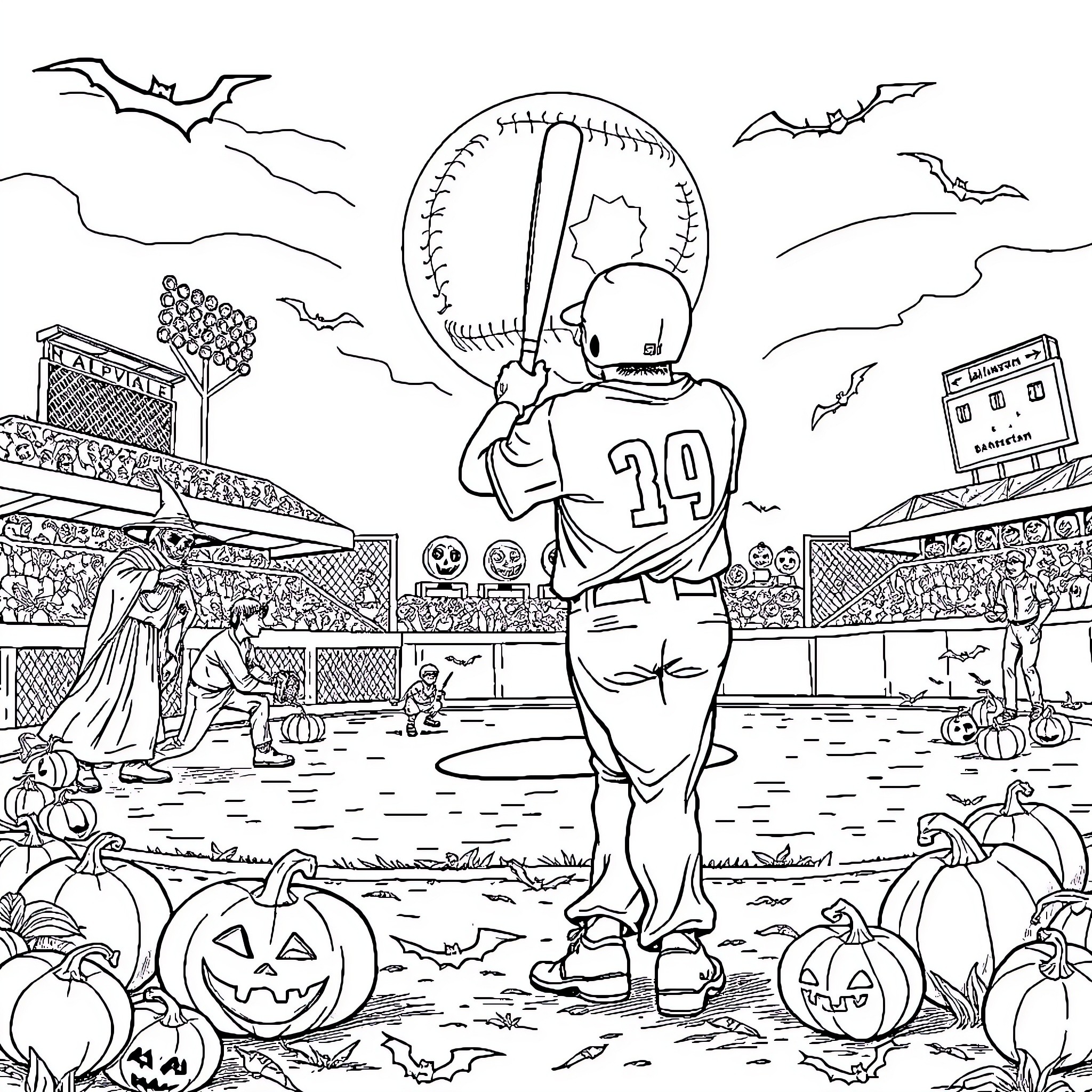 Halloween Baseball Game Under the Spooky Sky Coloring Page (free black-and-white line drawing printable PDF for all, from beginners to advanced learners, including children, teens, adults, and seniors)