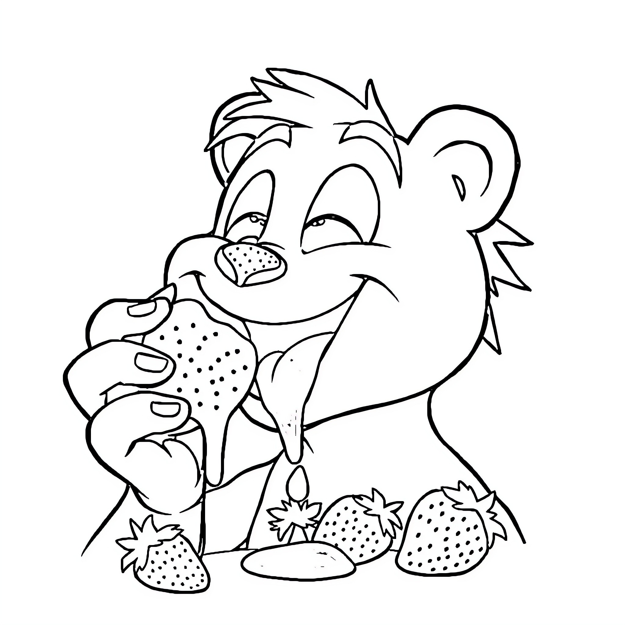 Fantus Enjoying a Strawberry Treat Coloring Page (free black-and-white line drawing printable PDF for all, from beginners to advanced learners, including children, teens, adults, and seniors)