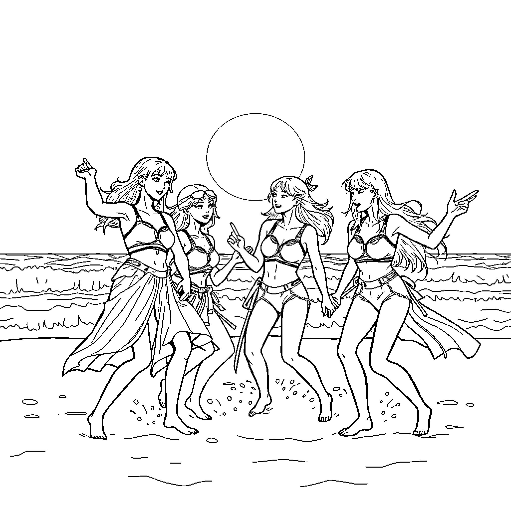 Kpop Warriors Embrace Summer Beach Fun Coloring Page (free black-and-white line drawing printable PDF for all, from beginners to advanced learners, including children, teens, adults, and seniors)