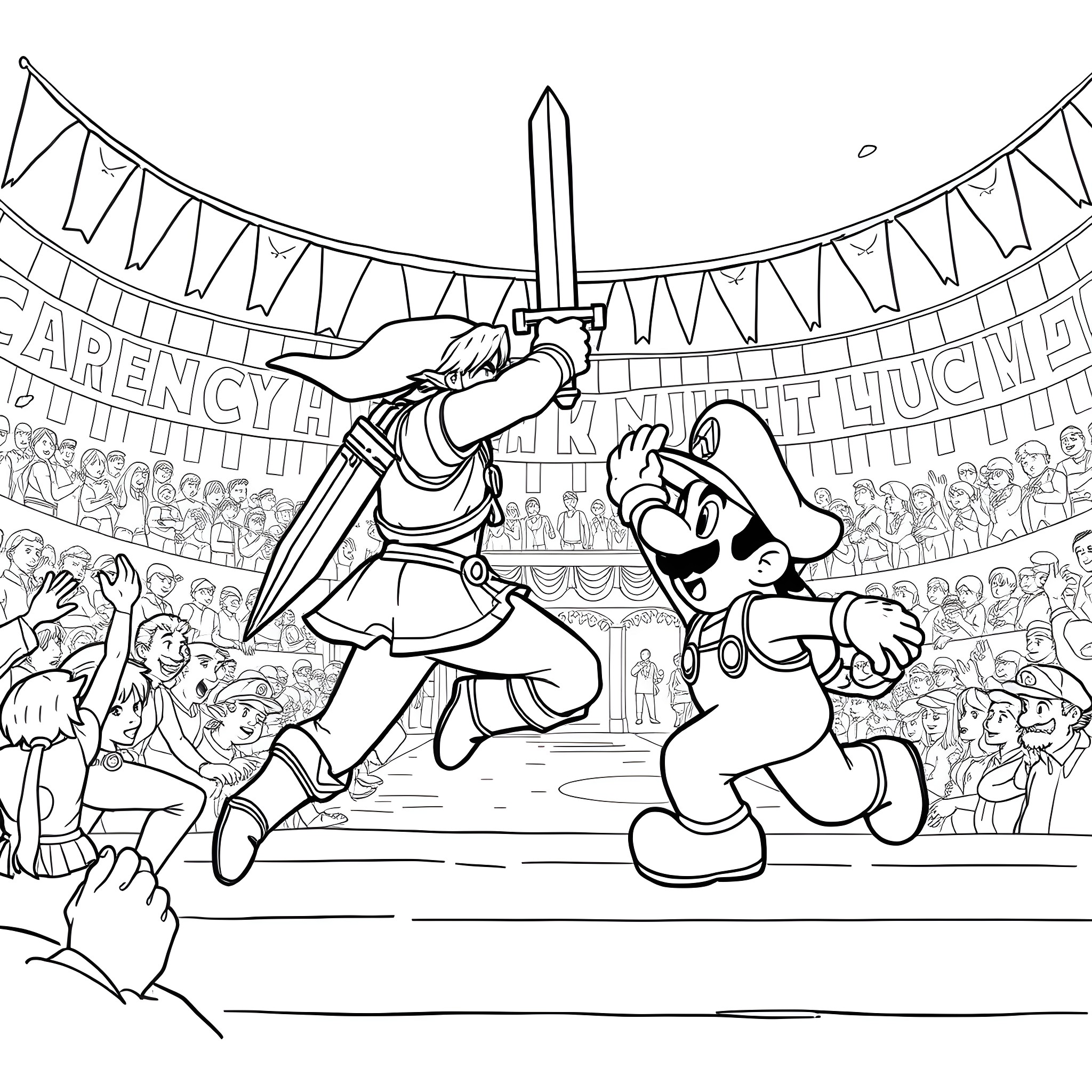 Link battles in an arena with cheering crowd Coloring Page (free black-and-white line drawing printable PDF for all, from beginners to advanced learners, including children, teens, adults, and seniors)