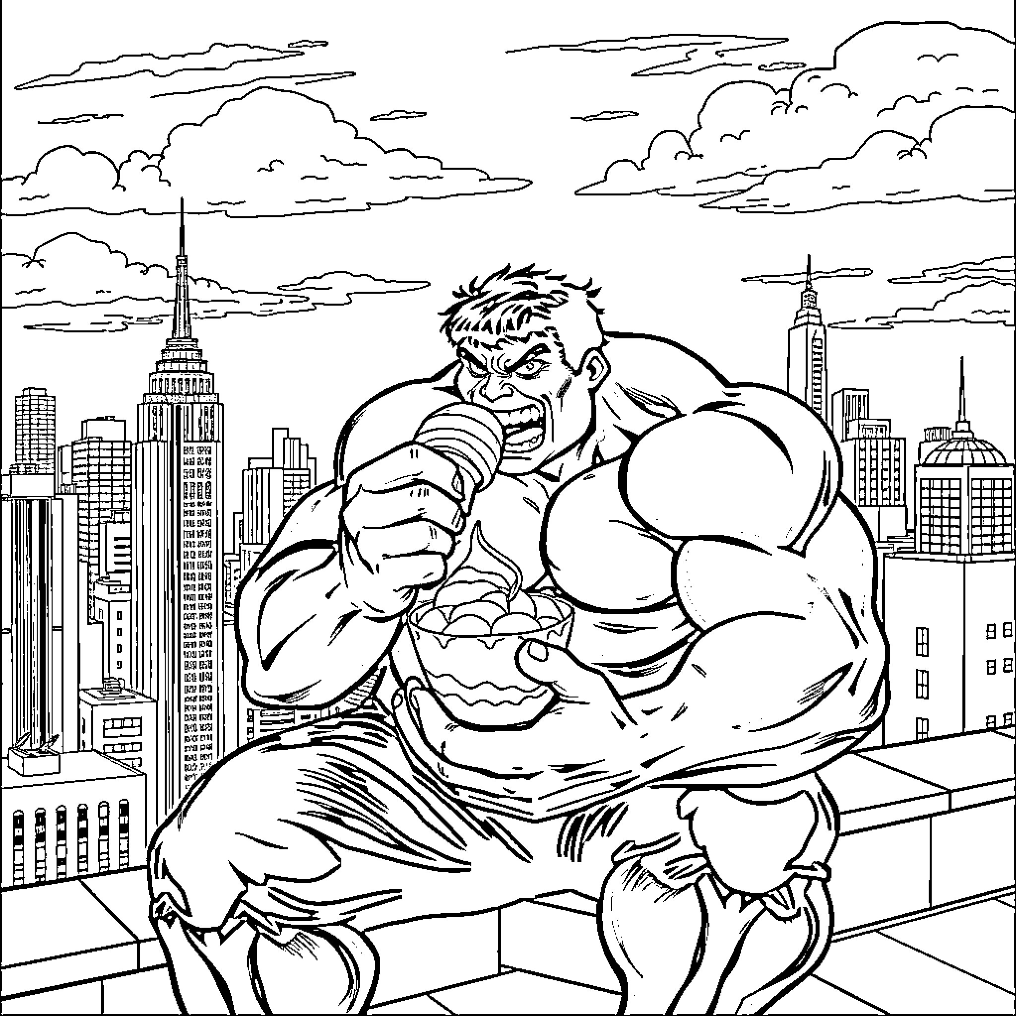 Hulk Roars Atop New York City Skyline Coloring Page (free black-and-white line drawing printable PDF for all, from beginners to advanced learners, including children, teens, adults, and seniors)