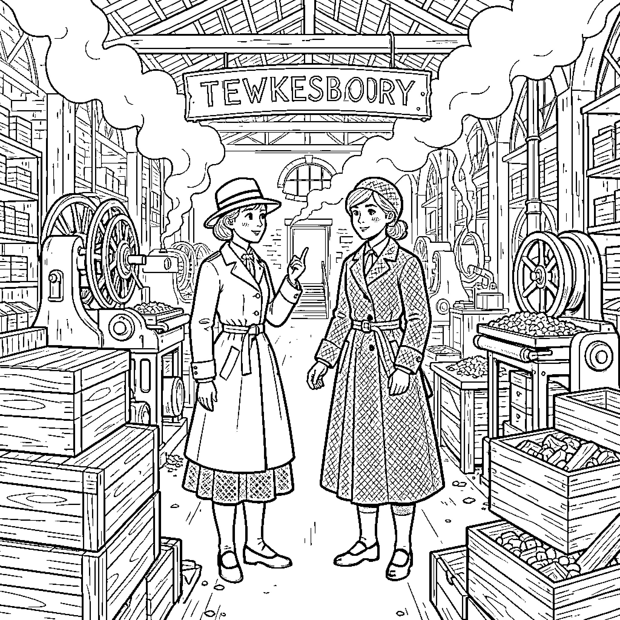 Enola Holmes standing in a busy industrial workshop Coloring Page (free black-and-white line drawing printable PDF for all, from beginners to advanced learners, including children, teens, adults, and seniors)