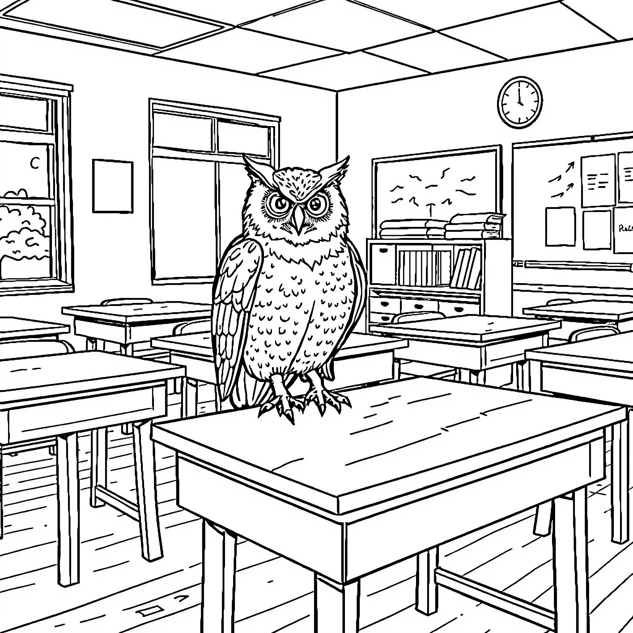 Owl perched in an educational classroom Coloring Page (free black-and-white line drawing printable PDF for all, from beginners to advanced learners, including children, teens, adults, and seniors)