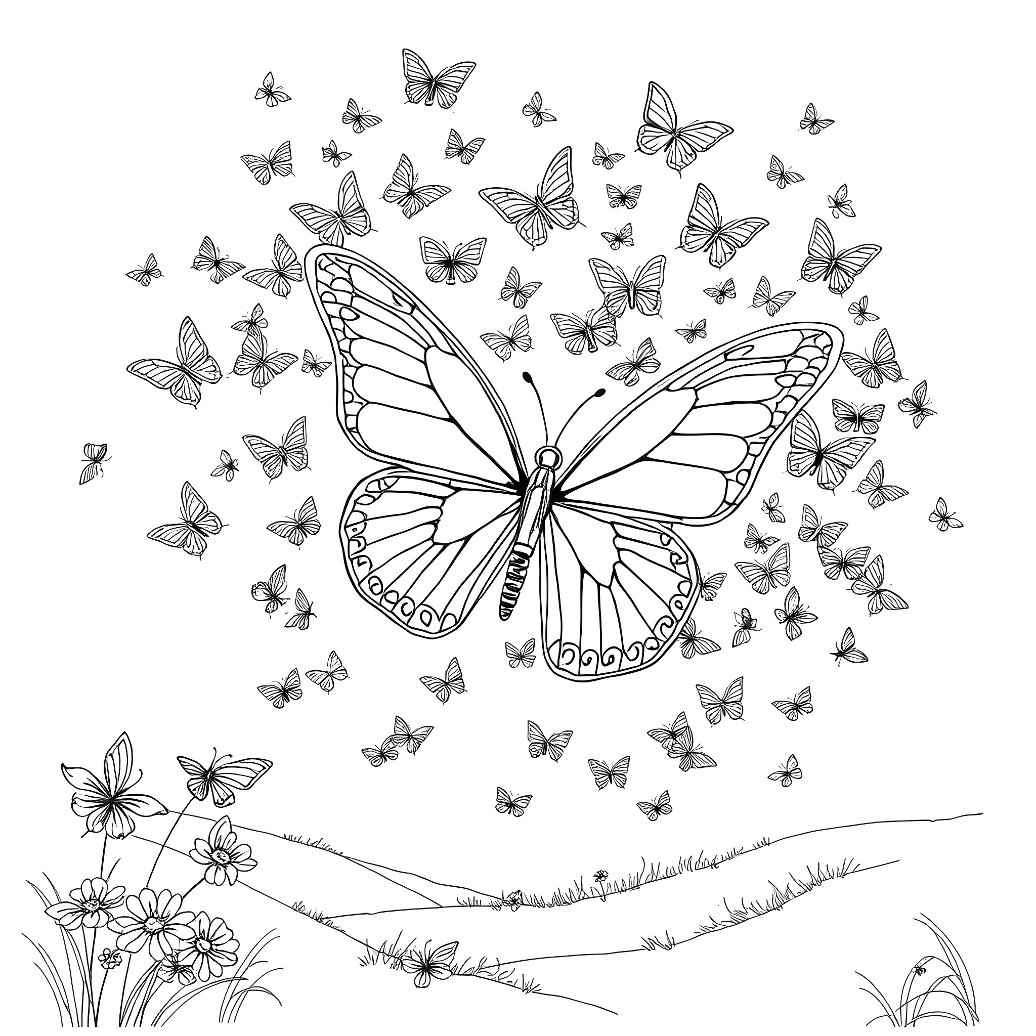 Butterfly Surrounded by Fluttering Butterflies Coloring Page (free black-and-white line drawing printable PDF for all, from beginners to advanced learners, including children, teens, adults, and seniors)
