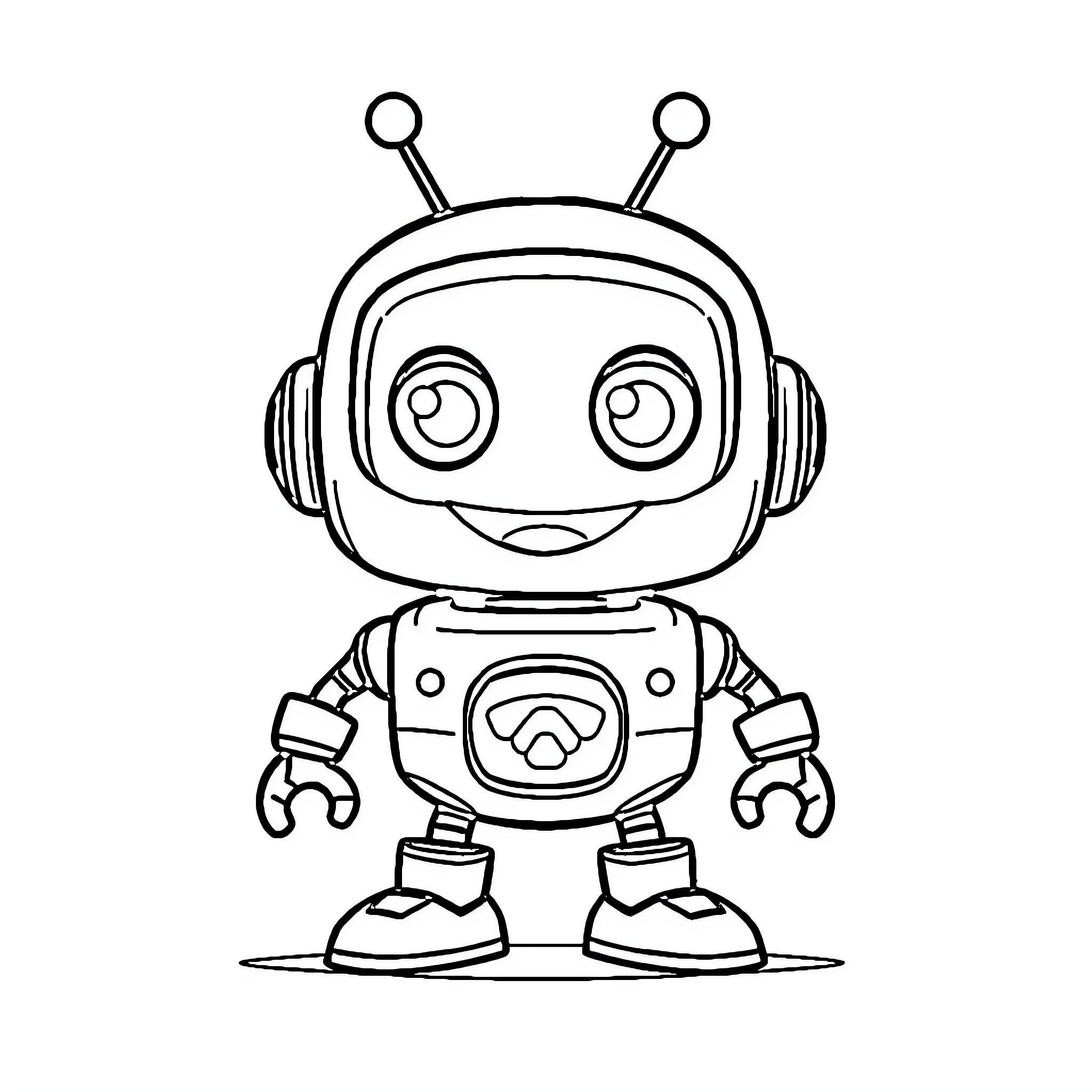 Robot with friendly expression and cute design Coloring Page (free black-and-white line drawing printable PDF for all, from beginners to advanced learners, including children, teens, adults, and seniors)