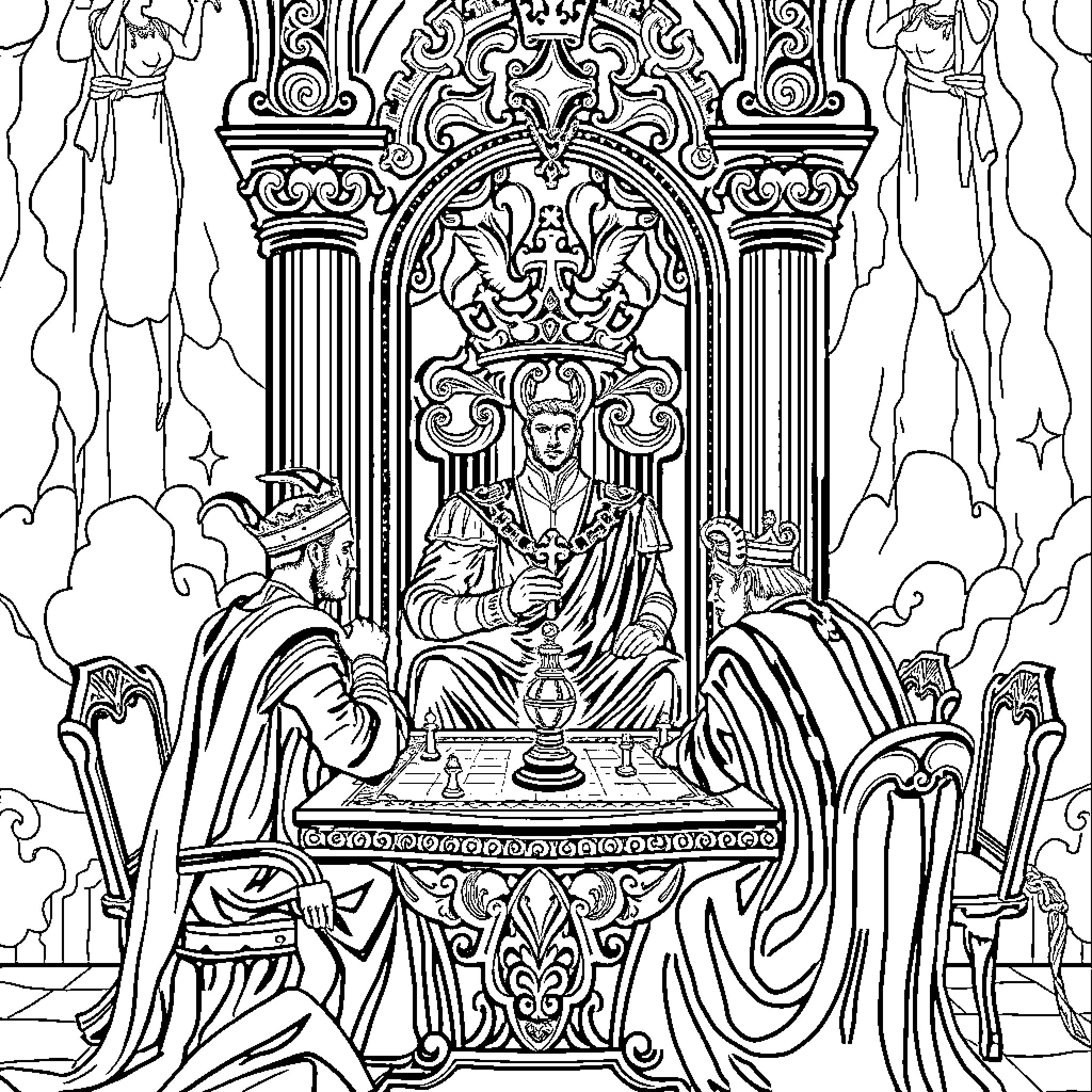 Rey in Regal Regalia on a Splendid Throne Coloring Page (free black-and-white line drawing printable PDF for all, from beginners to advanced learners, including children, teens, adults, and seniors)