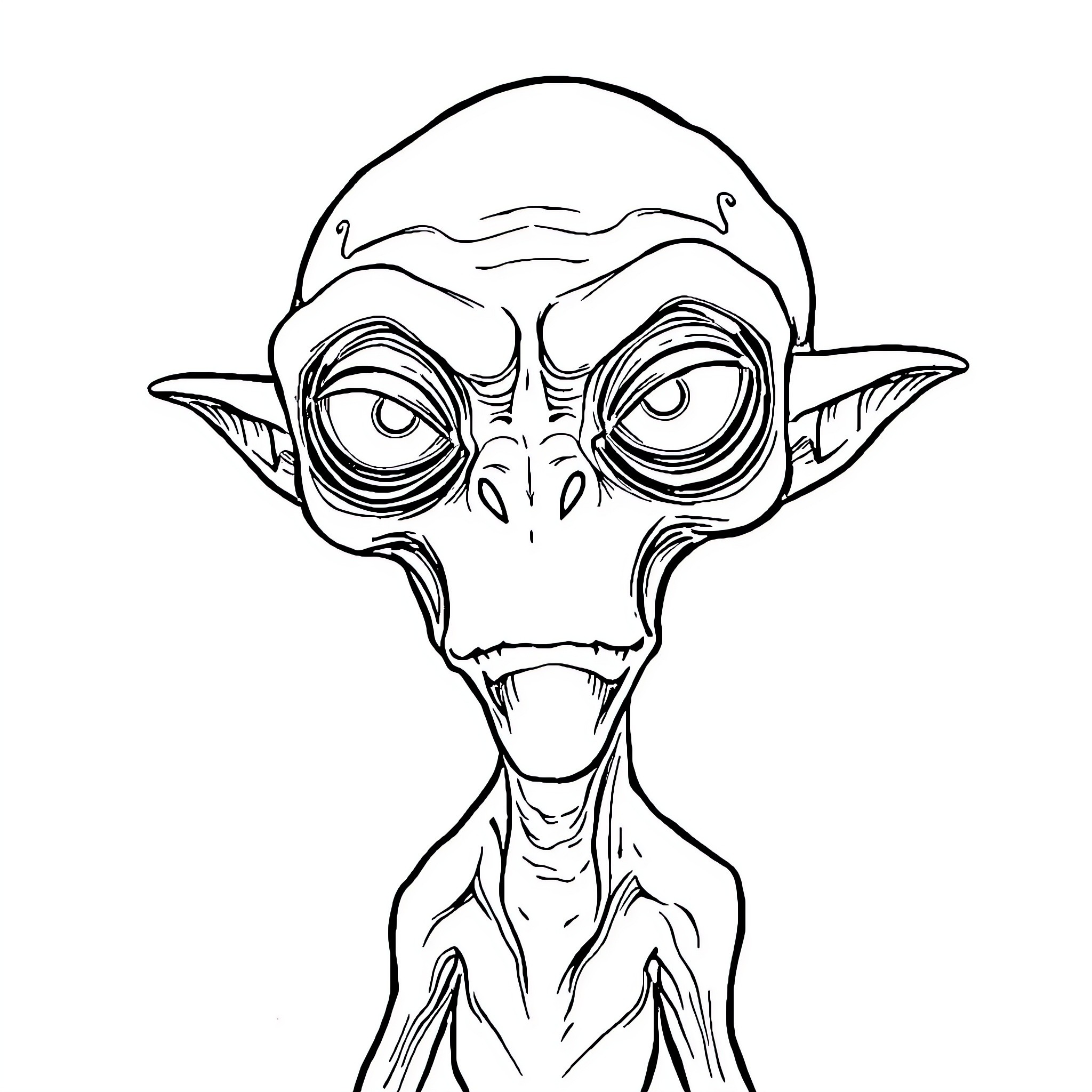 Alien Creature with Piercing Gaze Coloring Page (free black-and-white line drawing printable PDF for all, from beginners to advanced learners, including children, teens, adults, and seniors)