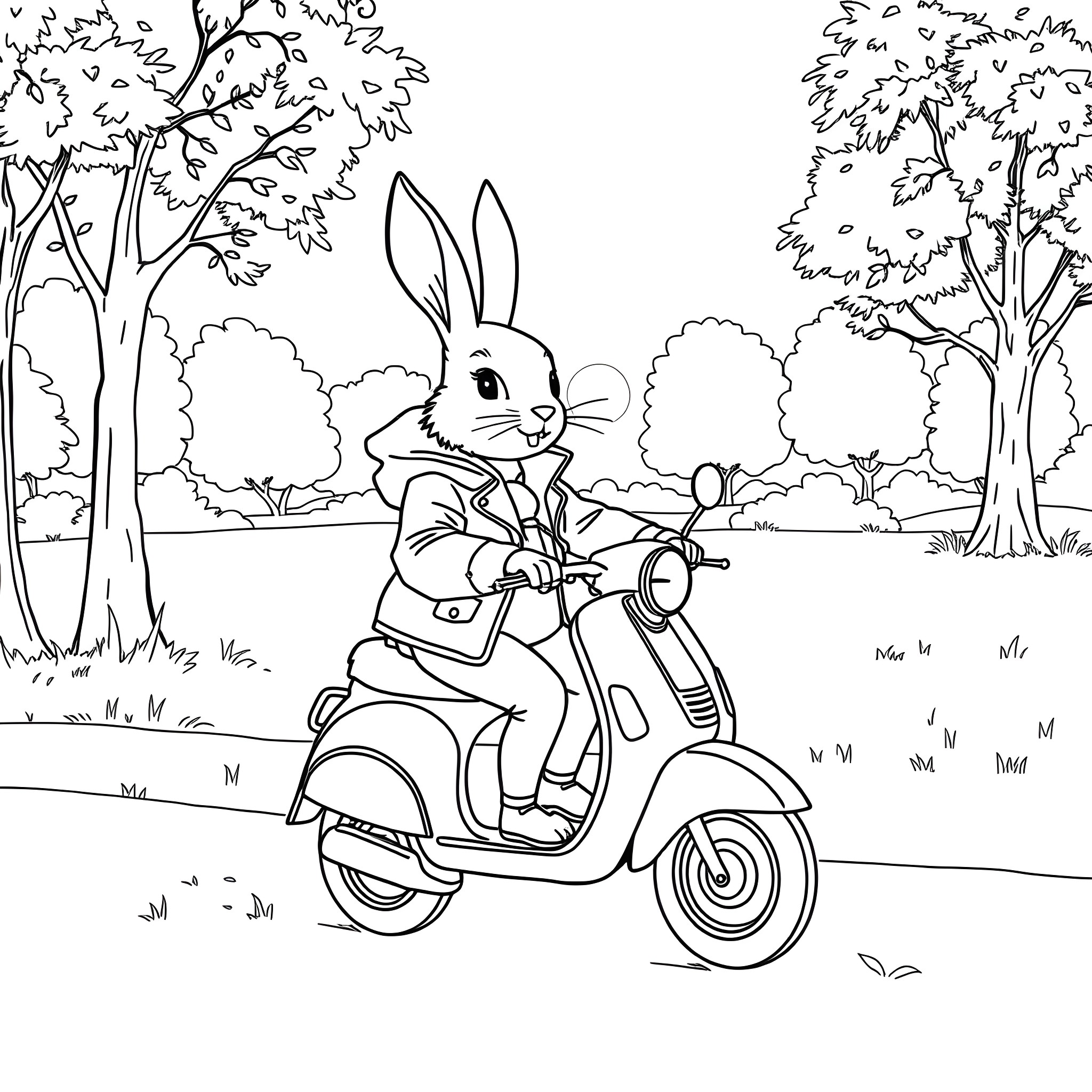 Rabbit riding a scooter through the forest Coloring Page (free black-and-white line drawing printable PDF for all, from beginners to advanced learners, including children, teens, adults, and seniors)