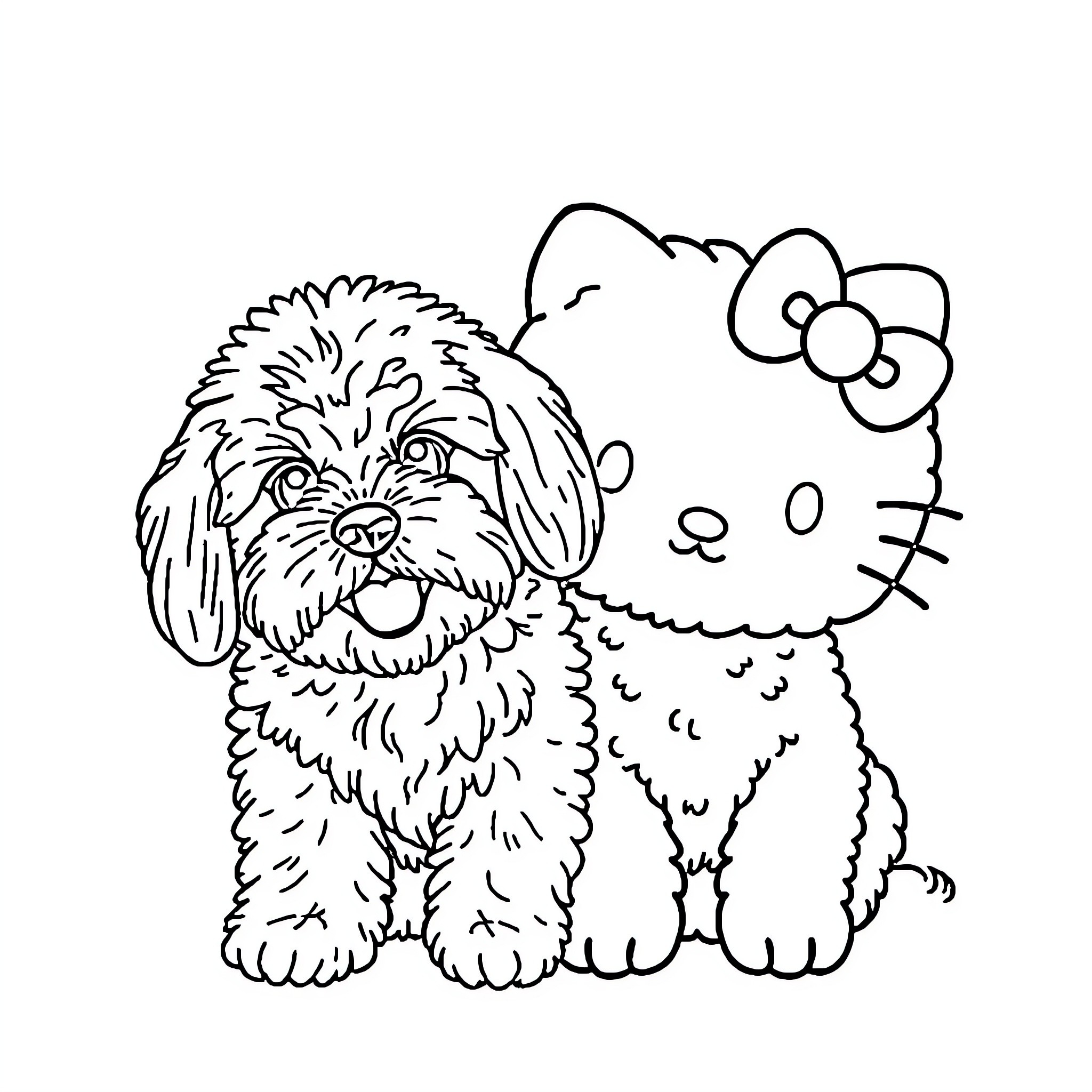 Hello Kitty's Playful Puppy Companion Coloring Page (free black-and-white line drawing printable PDF for all, from beginners to advanced learners, including children, teens, adults, and seniors)