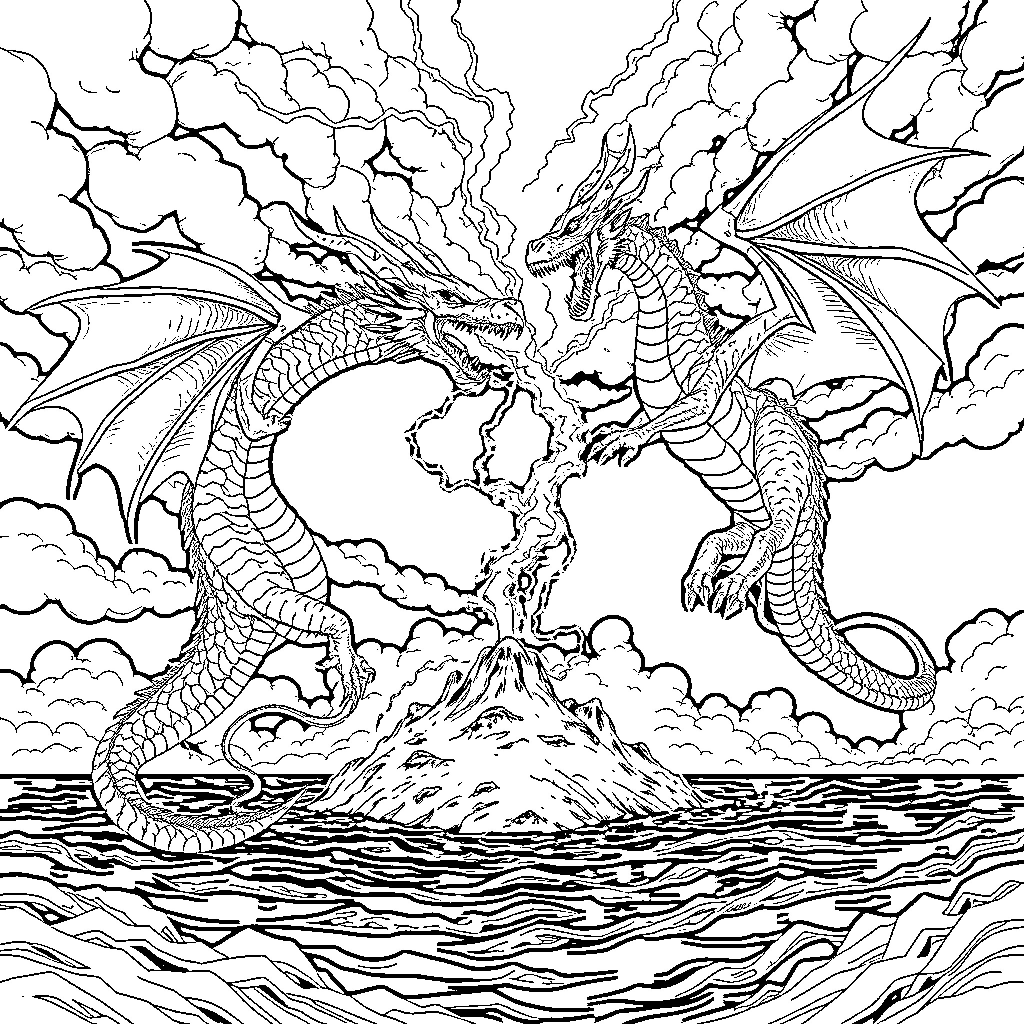 Dragon Unleashing Fiery Breath over Volcanic Landscape Coloring Page (free black-and-white line drawing printable PDF for all, from beginners to advanced learners, including children, teens, adults, and seniors)