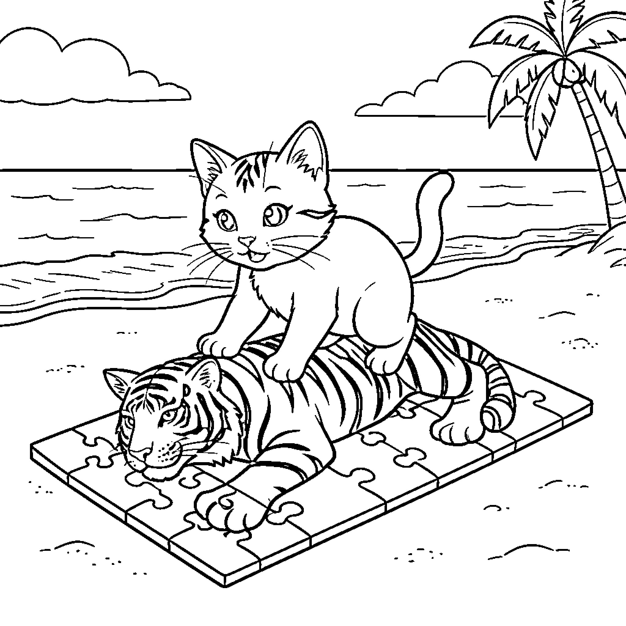 Kitten playing on top of a tiger at beach Coloring Page (free black-and-white line drawing printable PDF for all, from beginners to advanced learners, including children, teens, adults, and seniors)