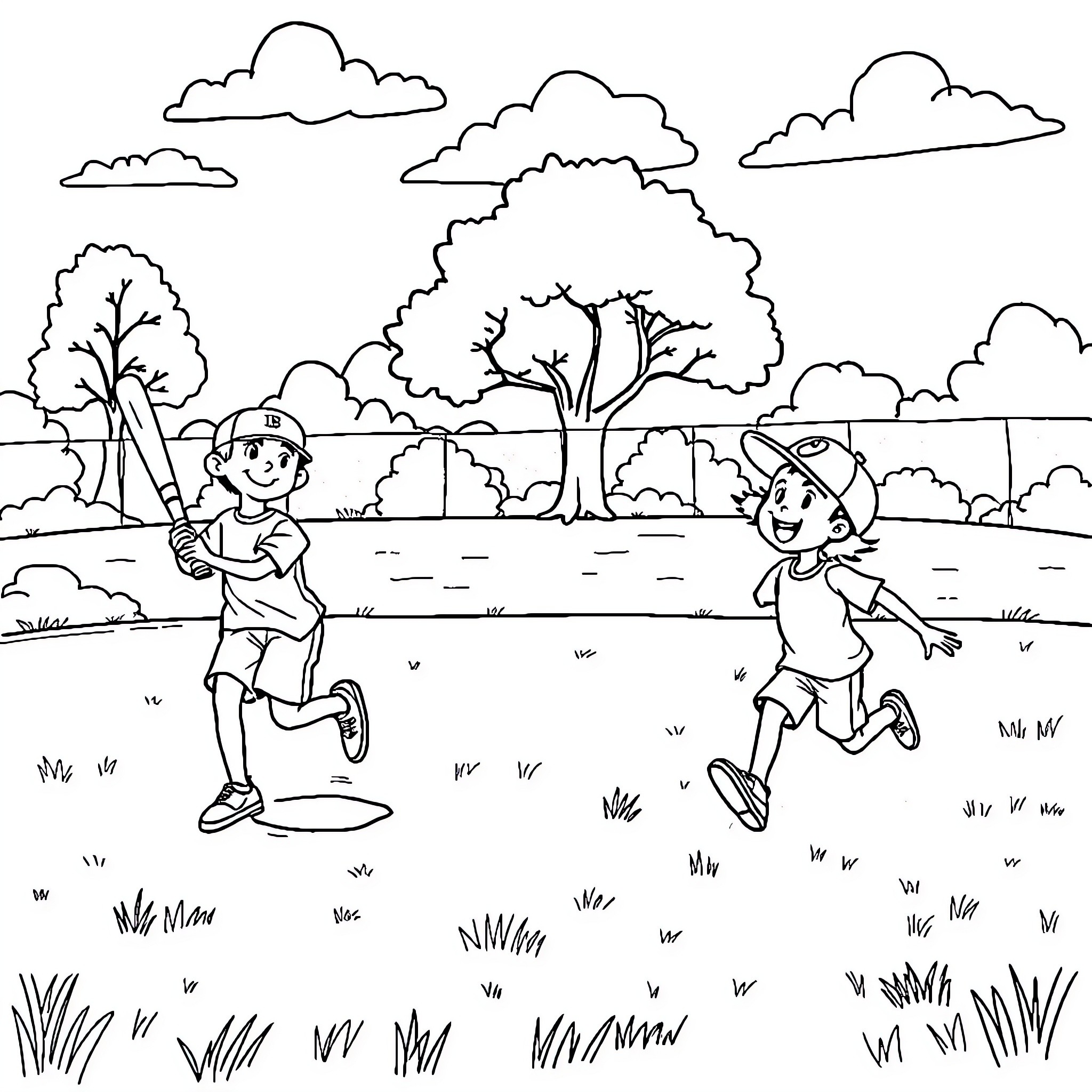 Kids playing happily in the park Coloring Page (free black-and-white line drawing printable PDF for all, from beginners to advanced learners, including children, teens, adults, and seniors)